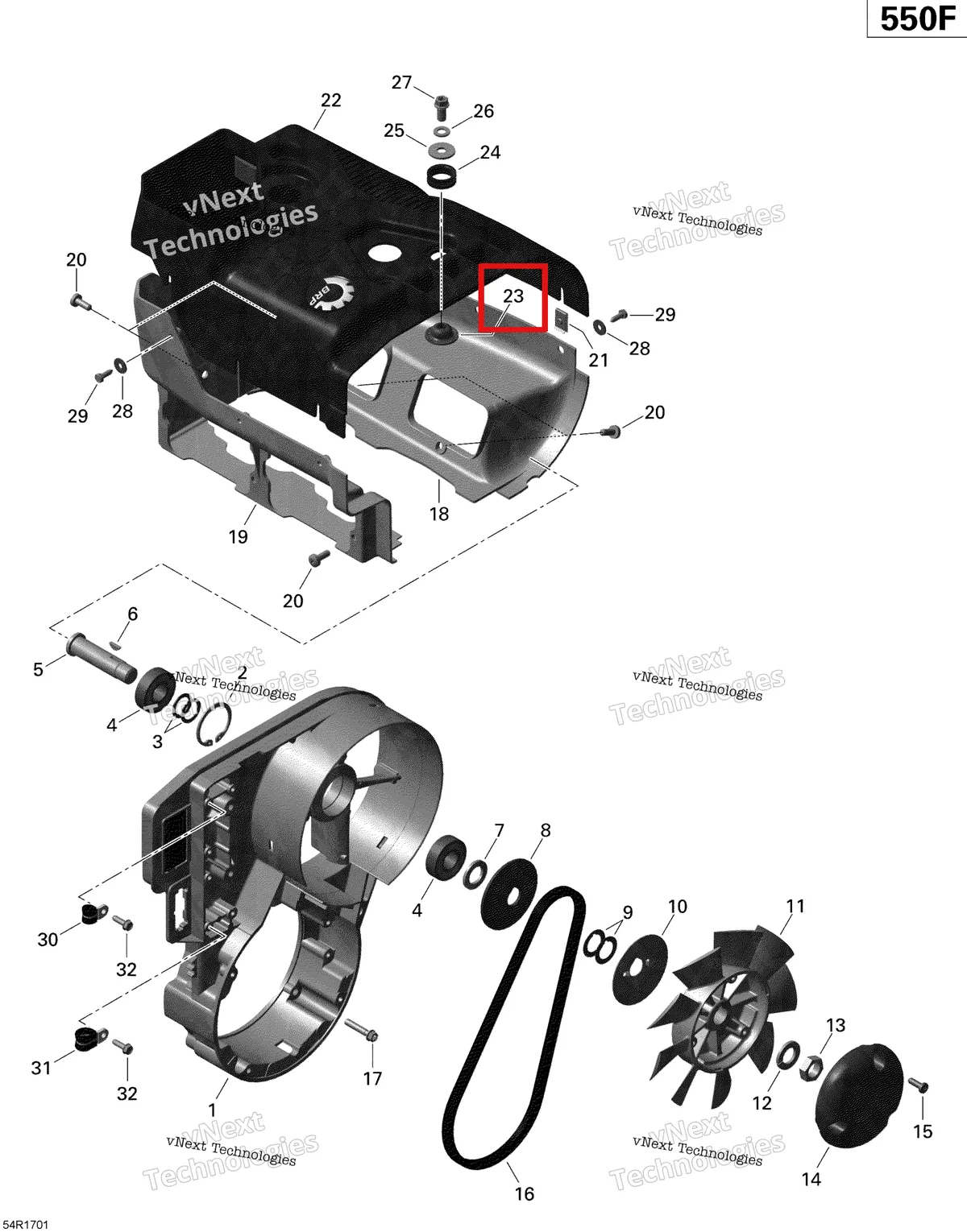 Деталь 420827817 (Шайба) на схеме узла 2020 Ski-Doo EXPEDITION SPORT 550F Engine - Fan And Cylinder Cowls - 550F