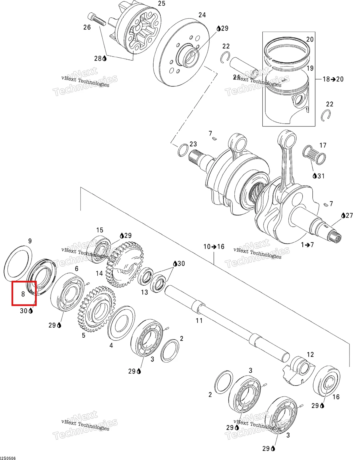 Деталь 420830638 на схеме узла 2005 Sea-Doo 3D RFI Crankshaft, Pistons And Balance Shaft