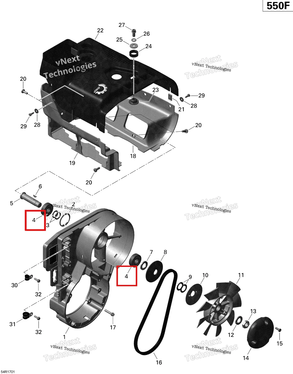 Деталь 420832161 (Подшипник) на схеме узла 2020 Ski-Doo EXPEDITION SPORT 550F Engine - Fan And Cylinder Cowls - 550F