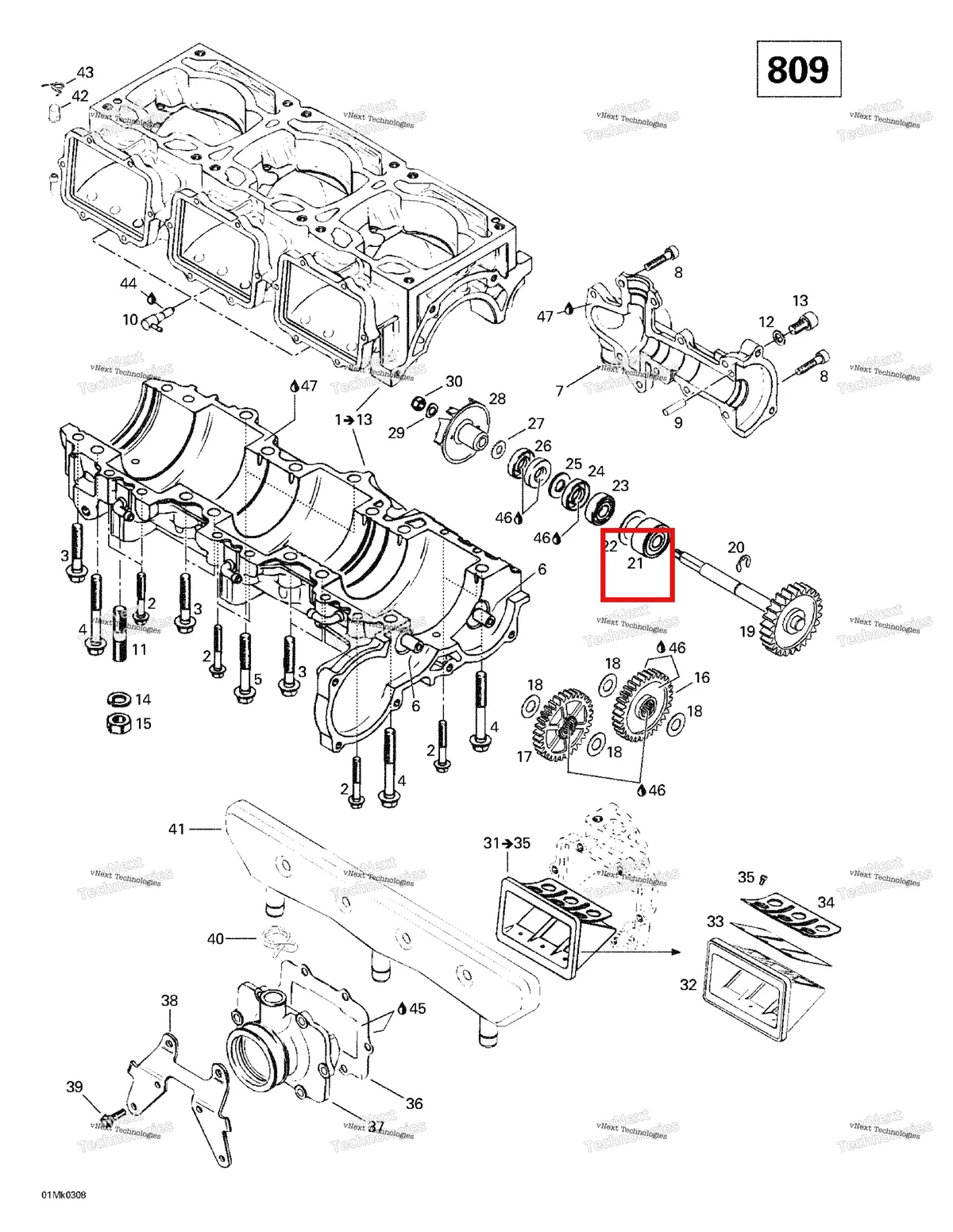 Деталь 420832490 на схеме узла 2003 Ski-Doo Mach Z Crankcase, Reed Valve, Water Pump