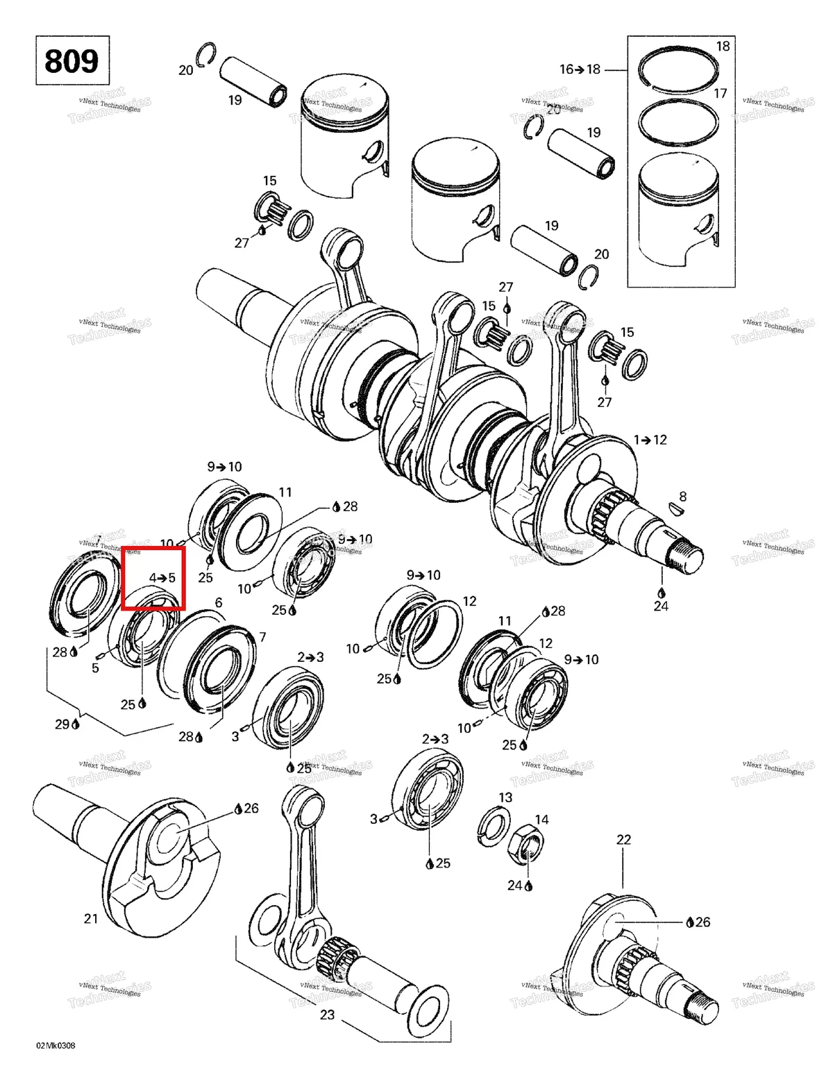 Деталь 420832580 на схеме узла 2003 Ski-Doo Mach Z Crankshaft And Pistons