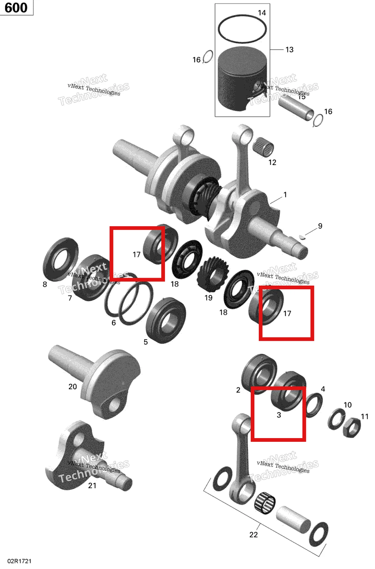 Деталь 420832590 (Подшипник) на схеме узла 2020 Ski-Doo SUMMIT 600 CARB Engine - Crankshaft And Pistons - 600 Carb