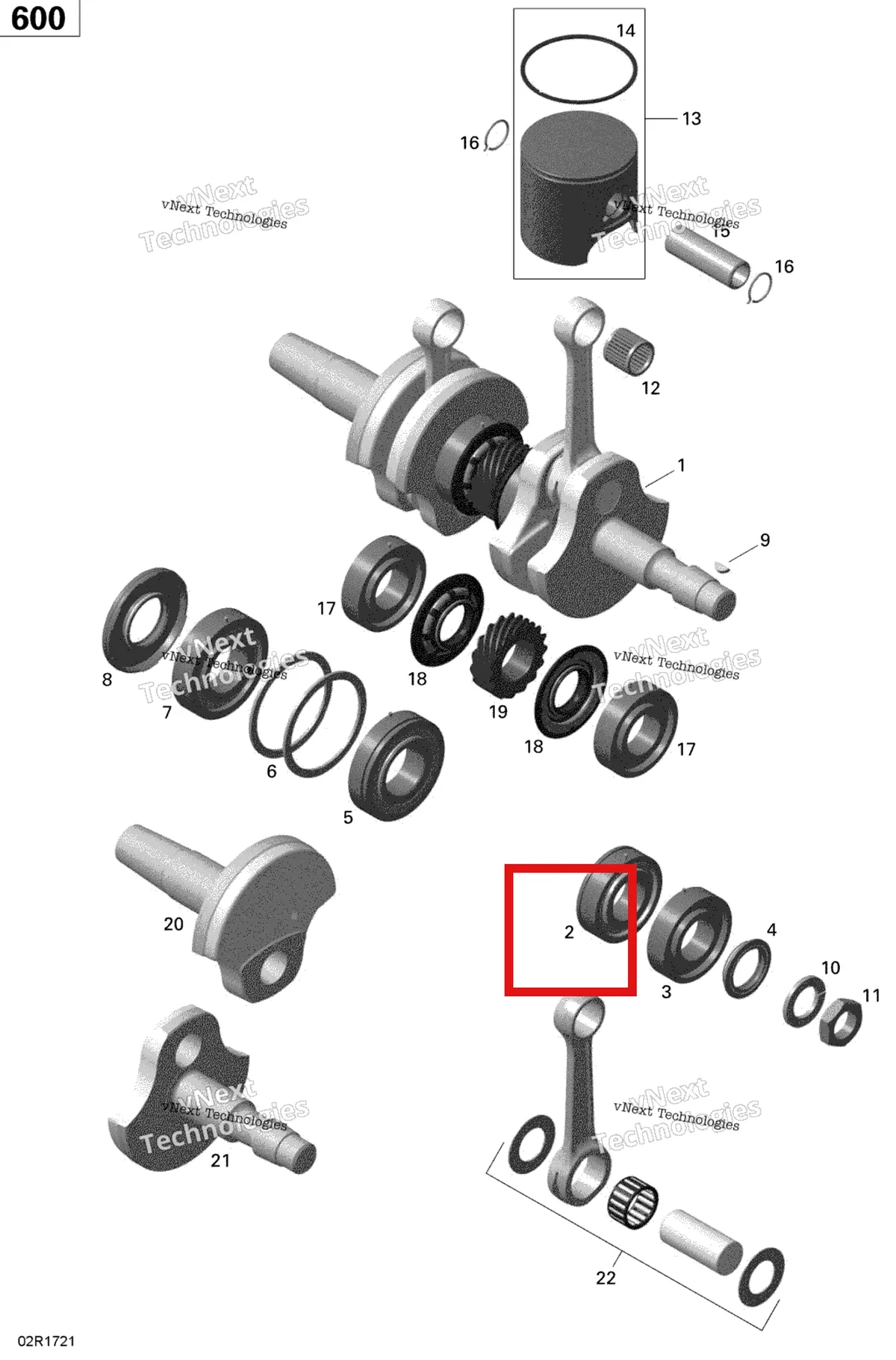 Деталь 420832596 (Подшипник) на схеме узла 2020 Ski-Doo SUMMIT 600 CARB Engine - Crankshaft And Pistons - 600 Carb