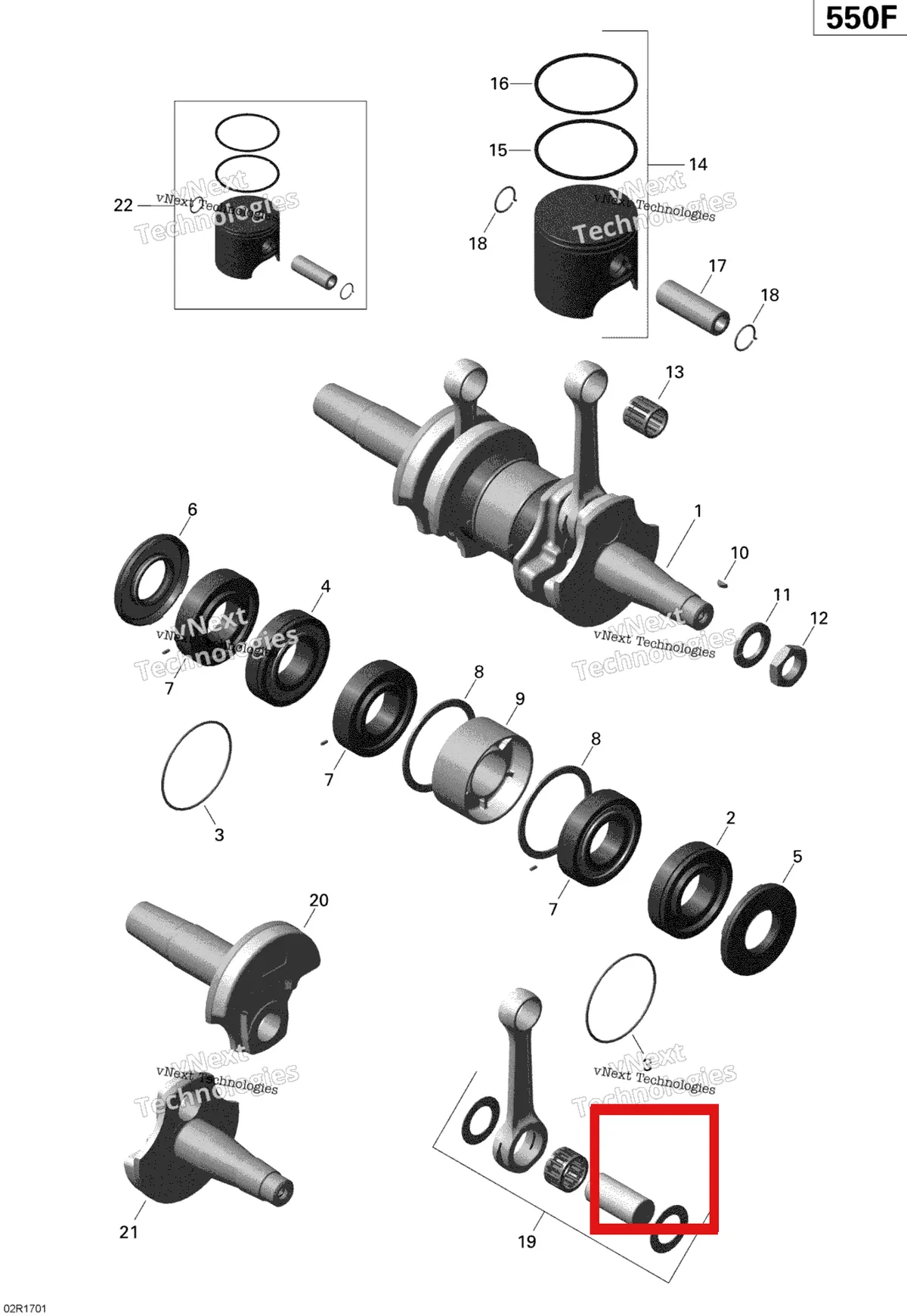 Деталь 420832632 (Подшипник) на схеме узла 2020 Ski-Doo EXPEDITION SPORT 550F Engine - Crankshaft And Pistons - 550F