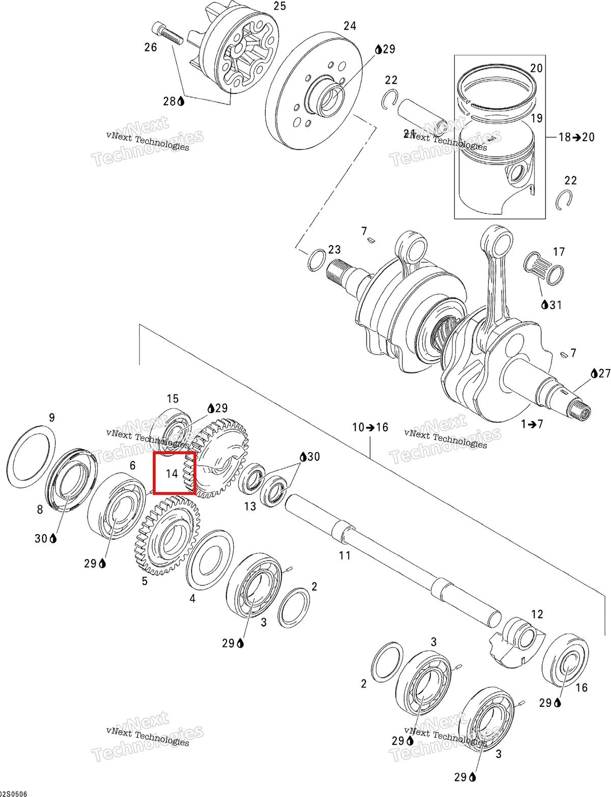 Деталь 420834305 на схеме узла 2005 Sea-Doo 3D RFI Crankshaft, Pistons And Balance Shaft