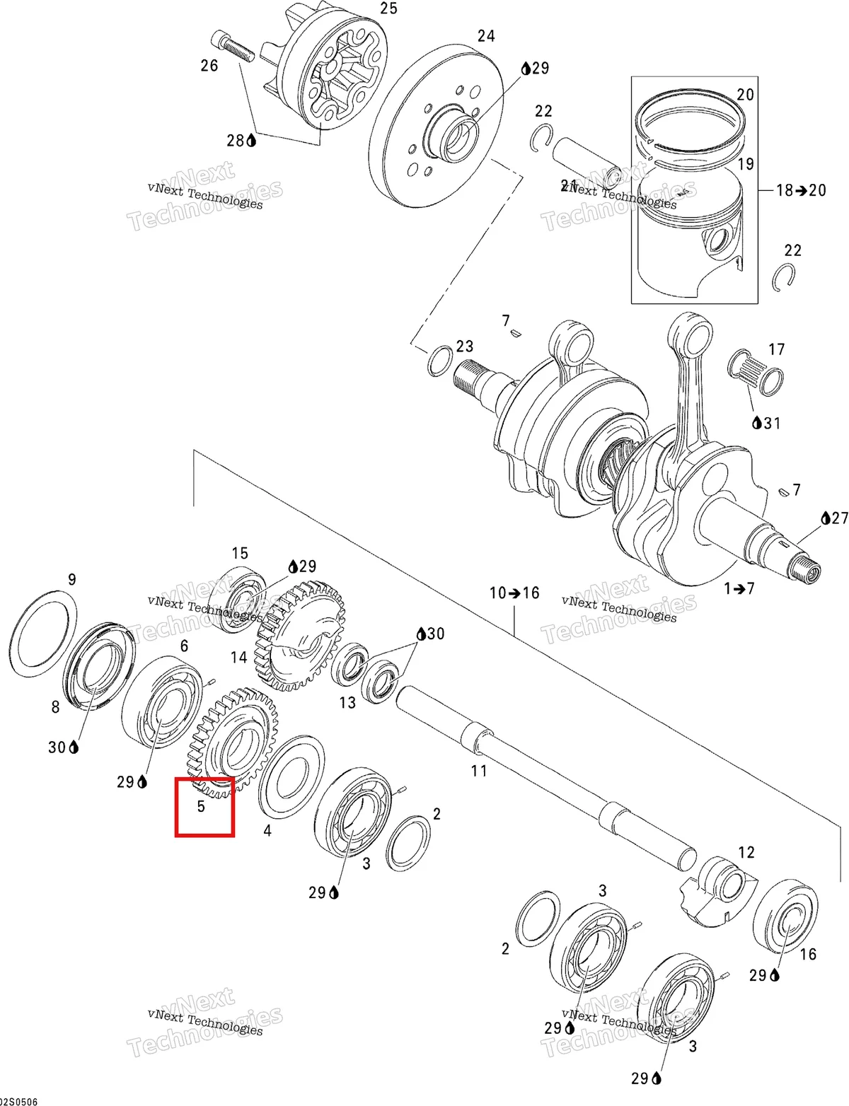 Деталь 420834315 на схеме узла 2005 Sea-Doo 3D RFI Crankshaft, Pistons And Balance Shaft