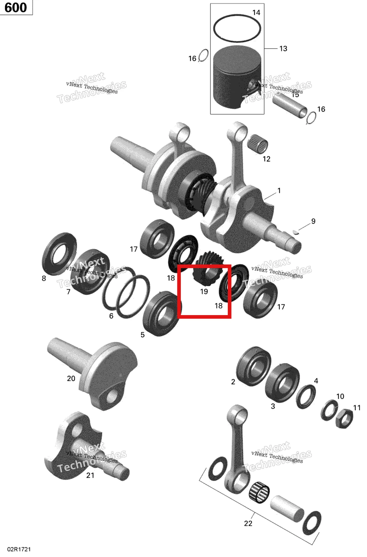 Деталь 420834350 (Деталь Central Gear, 15 Teeth) на схеме узла 2020 Ski-Doo SUMMIT 600 CARB Engine - Crankshaft And Pistons - 600 Carb