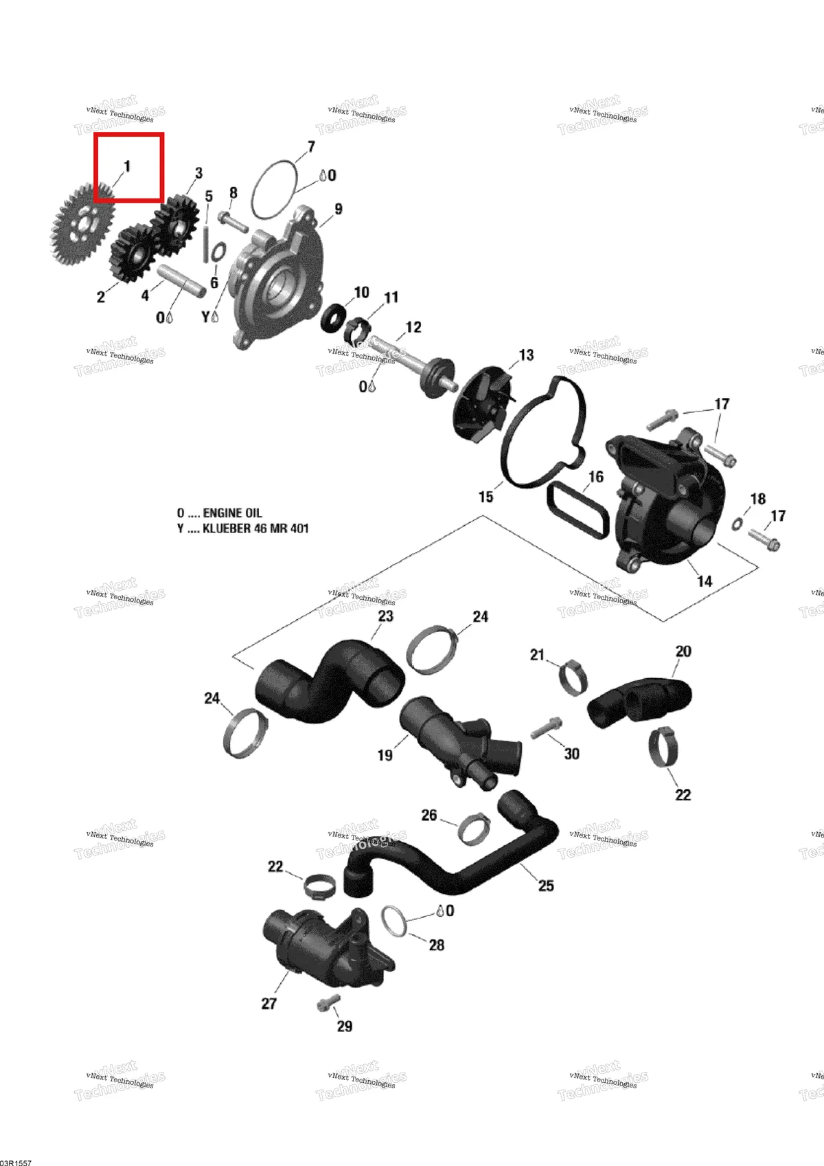 Деталь 420835061 (Деталь Idle Gear, 34 Teeth) на схеме узла 2015 Ski-Doo EXPEDITION LE 1200 4-TEC Engine Cooling