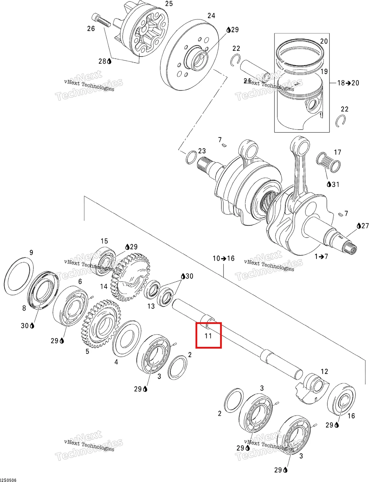 Деталь 420837400 на схеме узла 2005 Sea-Doo 3D RFI Crankshaft, Pistons And Balance Shaft