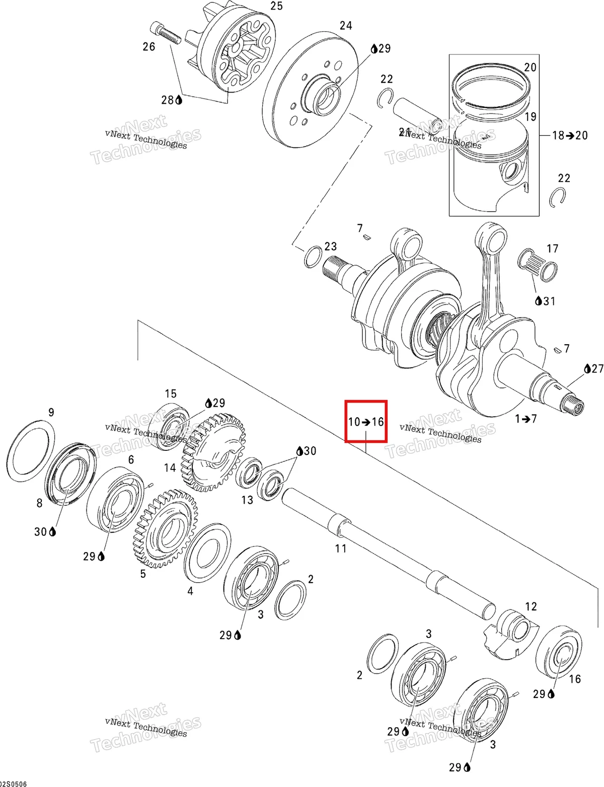 Деталь 420837406 на схеме узла 2005 Sea-Doo 3D RFI Crankshaft, Pistons And Balance Shaft