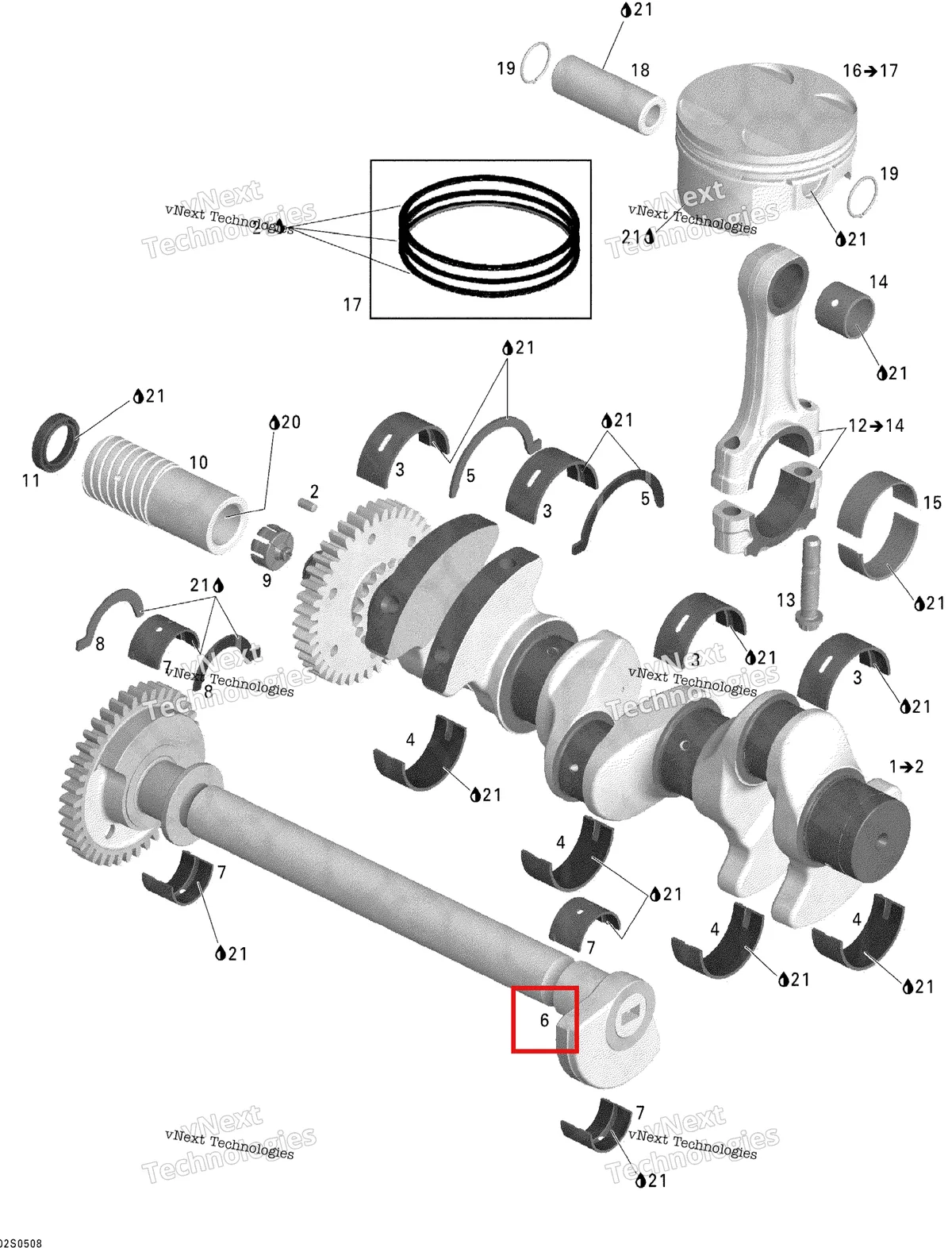 Деталь 420837555 на схеме узла 2005 Sea-Doo GTX 4-TEC, LTD SCIC Crankshaft, Pistons And Balance Shaft