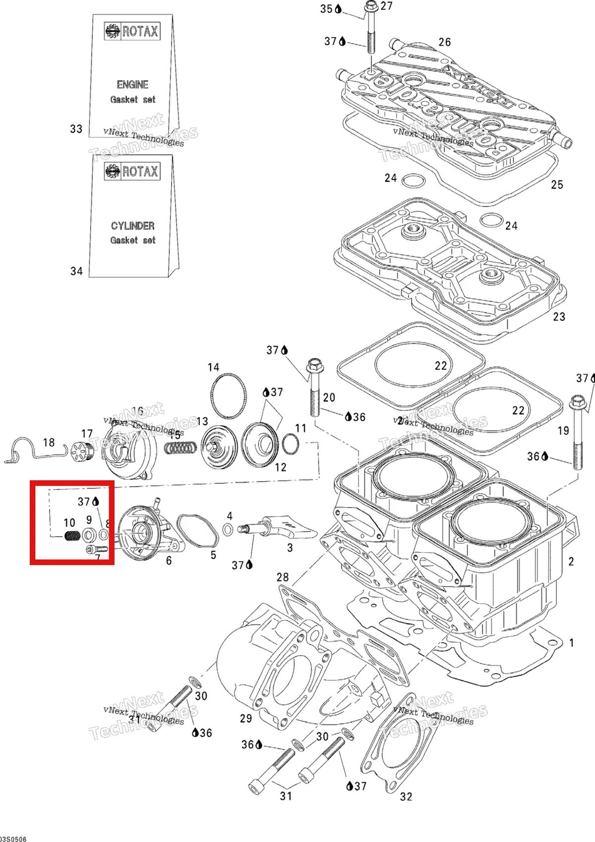 Деталь 420838260 на схеме узла 2005 Sea-Doo 3D RFI Cylinder And Exhaust Manifold