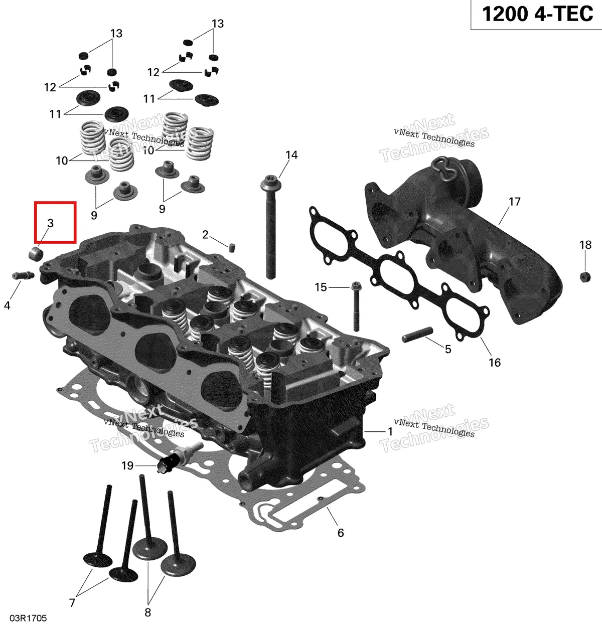 Деталь 420840203 (Резьбовая Пробка 1/4") на схеме узла 2019 Ski-Doo EXPEDITION LE-SE 1200 4-TEC Cylinder Head And Exhaust Manifold - 1200 Itc 4-Tec