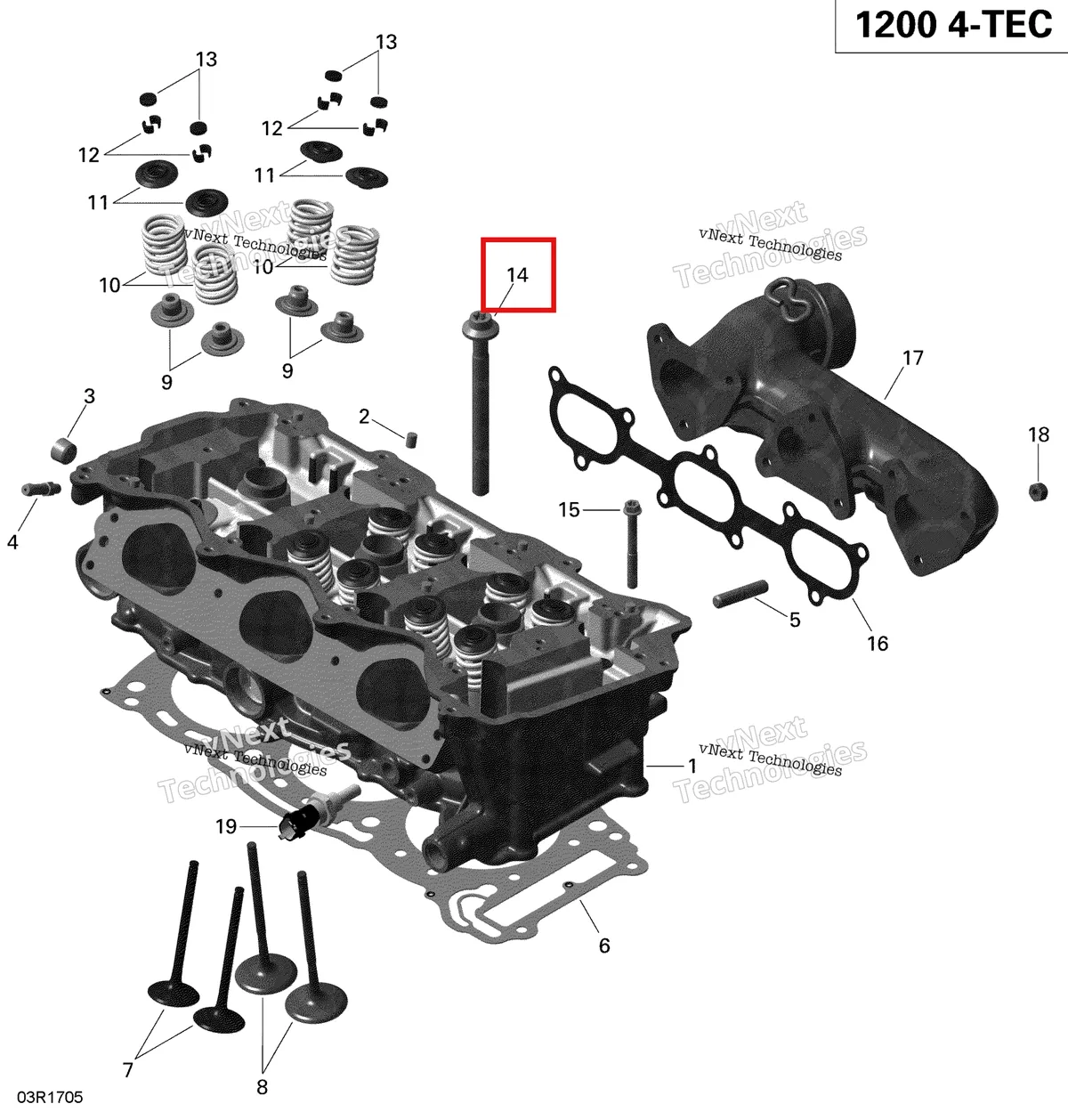 Деталь 420840250 (Деталь Torx Screw M10x1,25x121-e14) на схеме узла 2019 Ski-Doo EXPEDITION LE-SE 1200 4-TEC Cylinder Head And Exhaust Manifold - 1200 Itc 4-Tec