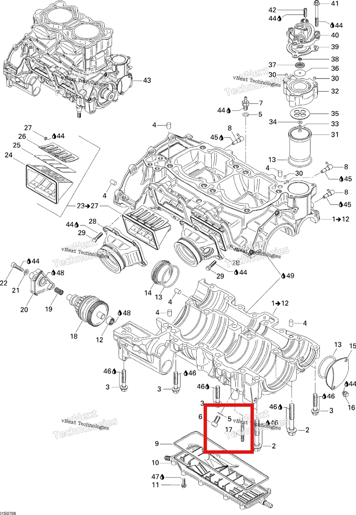 Деталь 420840290 на схеме узла 2007 Sea-Doo 3D 947 DI Crankcase And Reed Valve