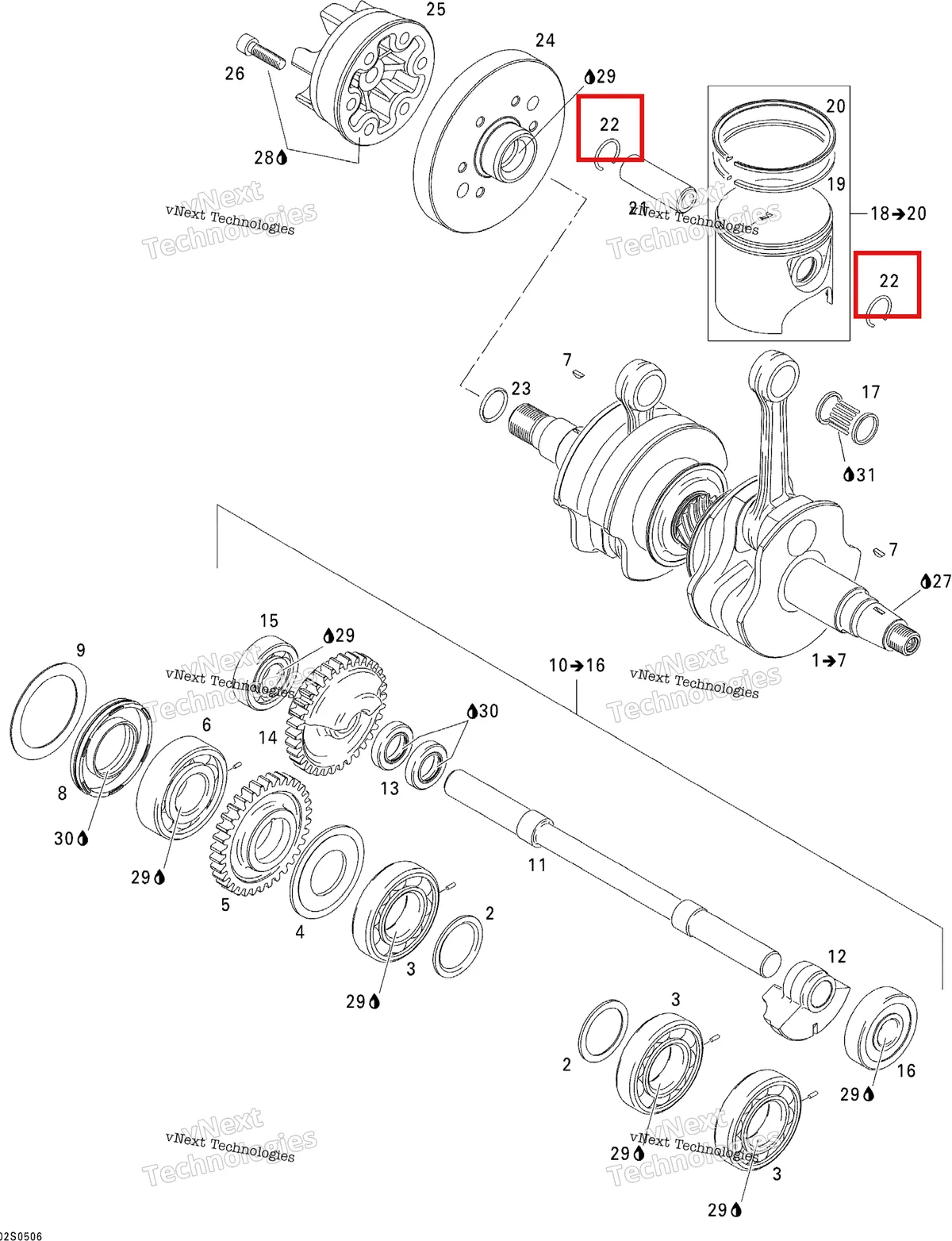Деталь 420845100 (Пружинное стопорное кольцо) на схеме узла 2005 Sea-Doo 3D RFI Crankshaft, Pistons And Balance Shaft