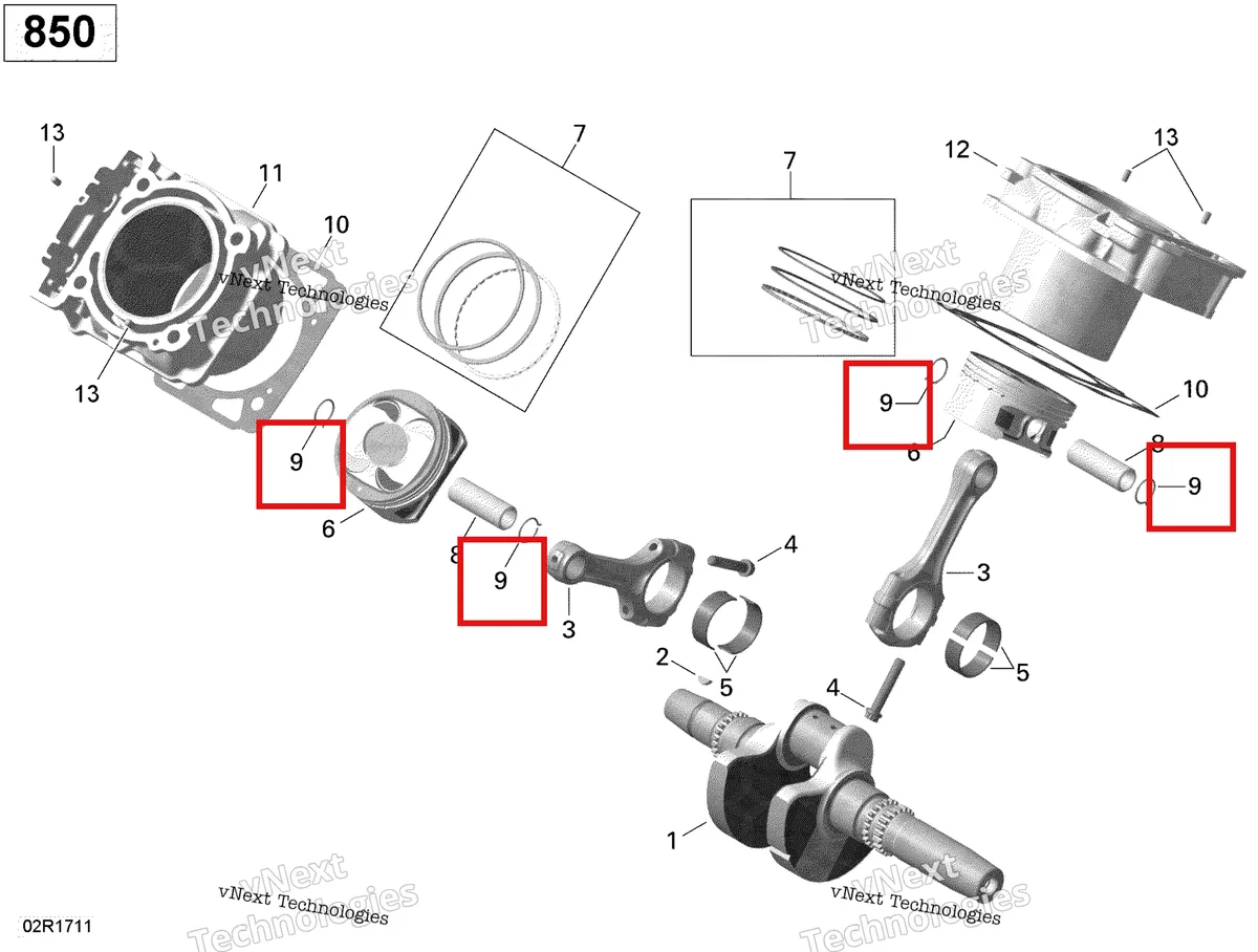 Деталь 420845109 (Поршень стопорное кольцо Can-Am Outlander 650 EFI STD DPS XT (2014) (420845109)) на схеме узла 2022 Can-Am Outlander 850 EFI - STD Rotax - Crankshaft, Piston And Cylinder - 850 Efi
