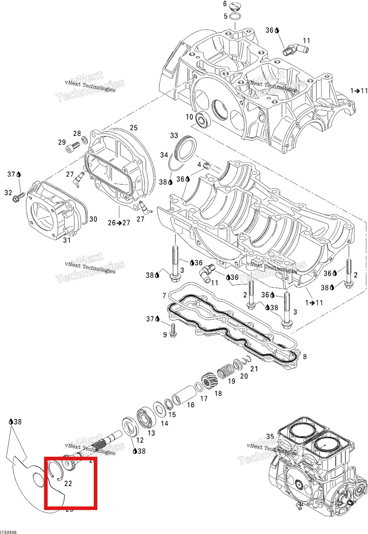 Деталь 420845160 (Пружинное стопорное кольцо) на схеме узла 2005 Sea-Doo 3D RFI Crankcase And Rotary Valve