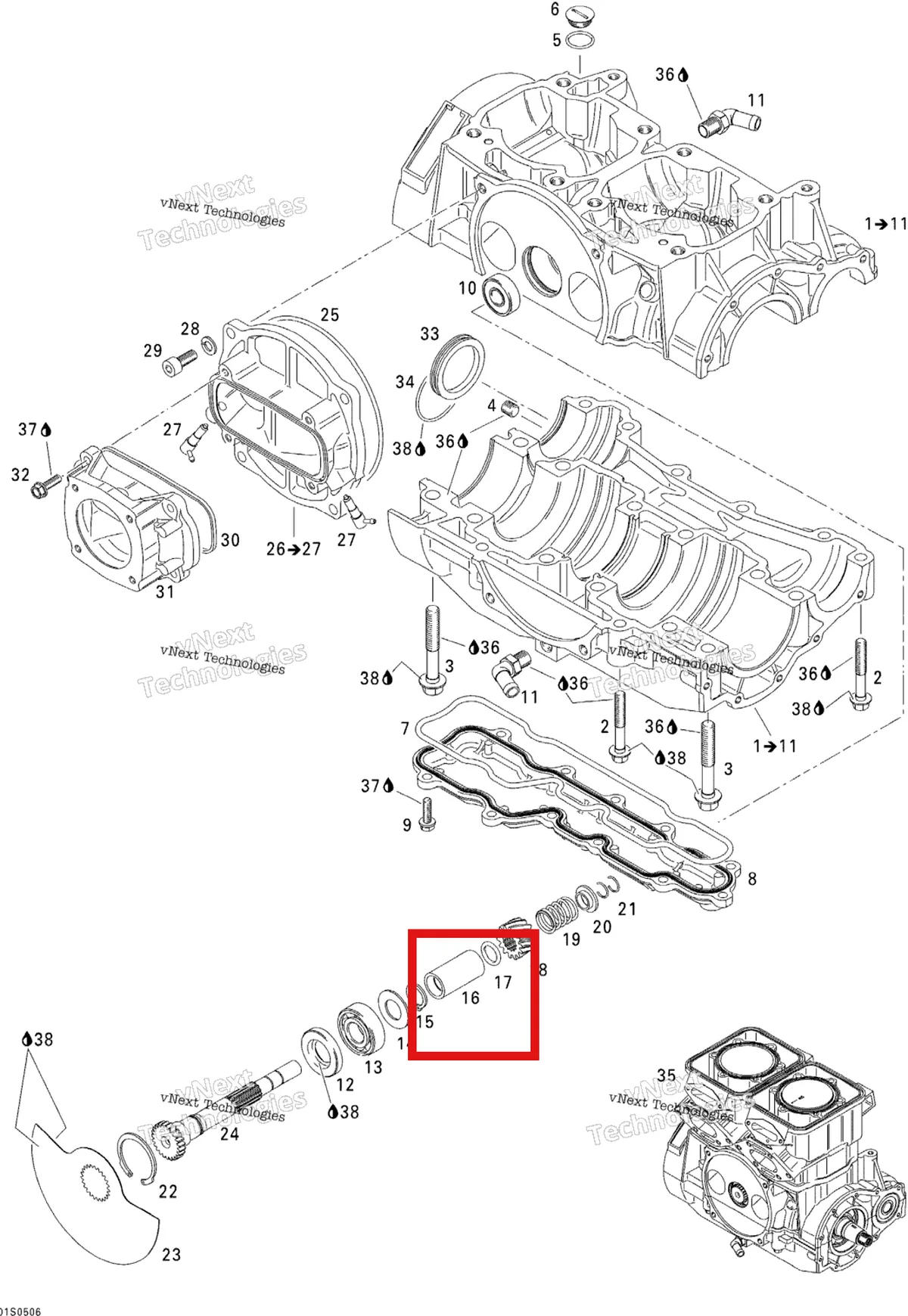 Деталь 420845450 (Пружинное стопорное кольцо) на схеме узла 2005 Sea-Doo 3D RFI Crankcase And Rotary Valve