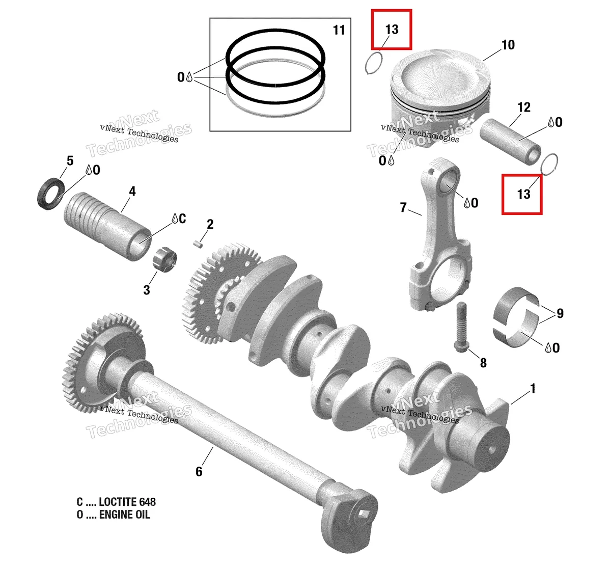 Деталь 420845580 (Деталь Monohook Circlip) на схеме узла Crankshaft, Pistons And Balance Shaft