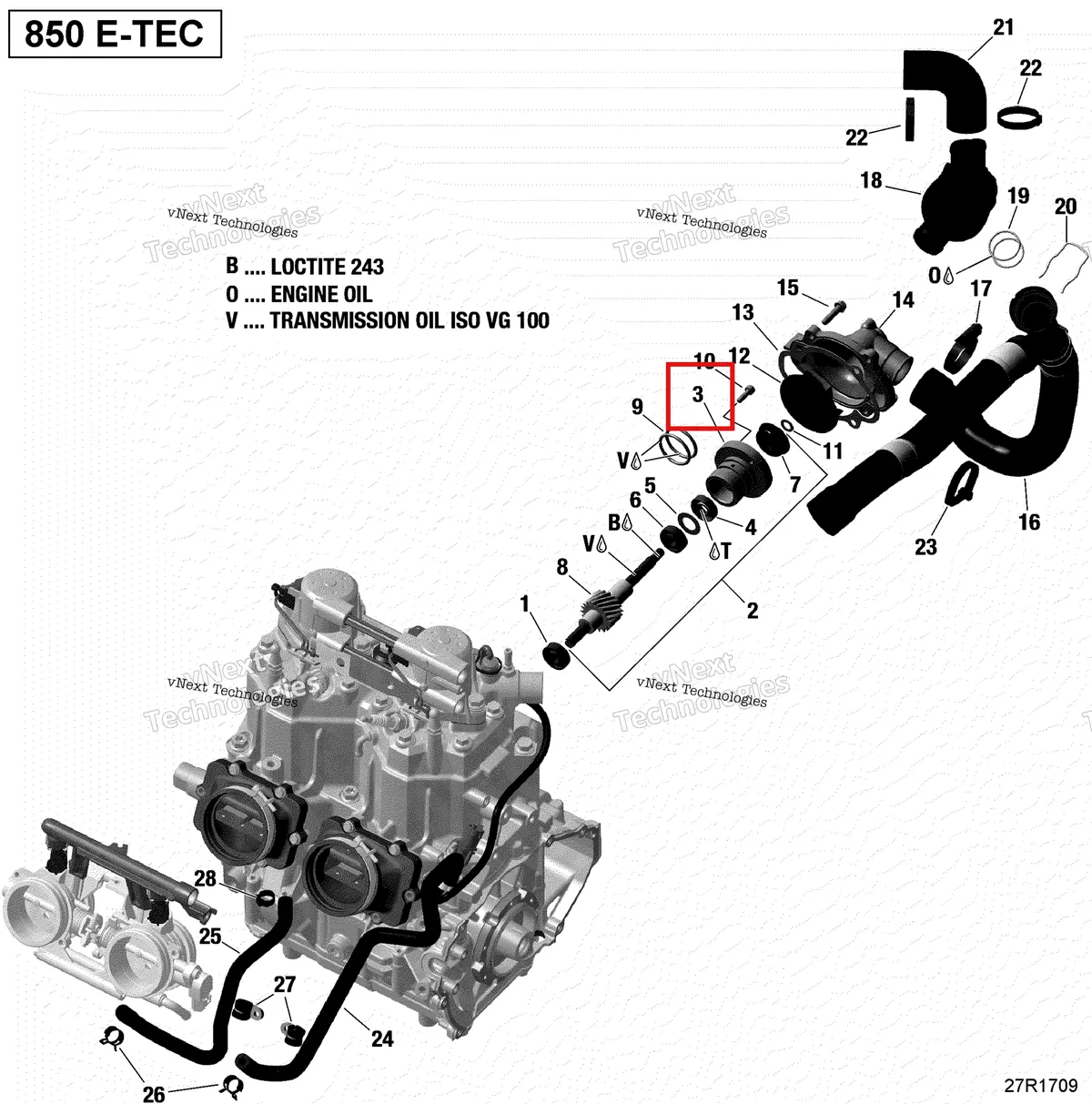 Деталь 420847930 на схеме узла 2017 Ski-Doo RENEGADE - 2-STROKE - 850 E-TEC Engine Cooling - All Models