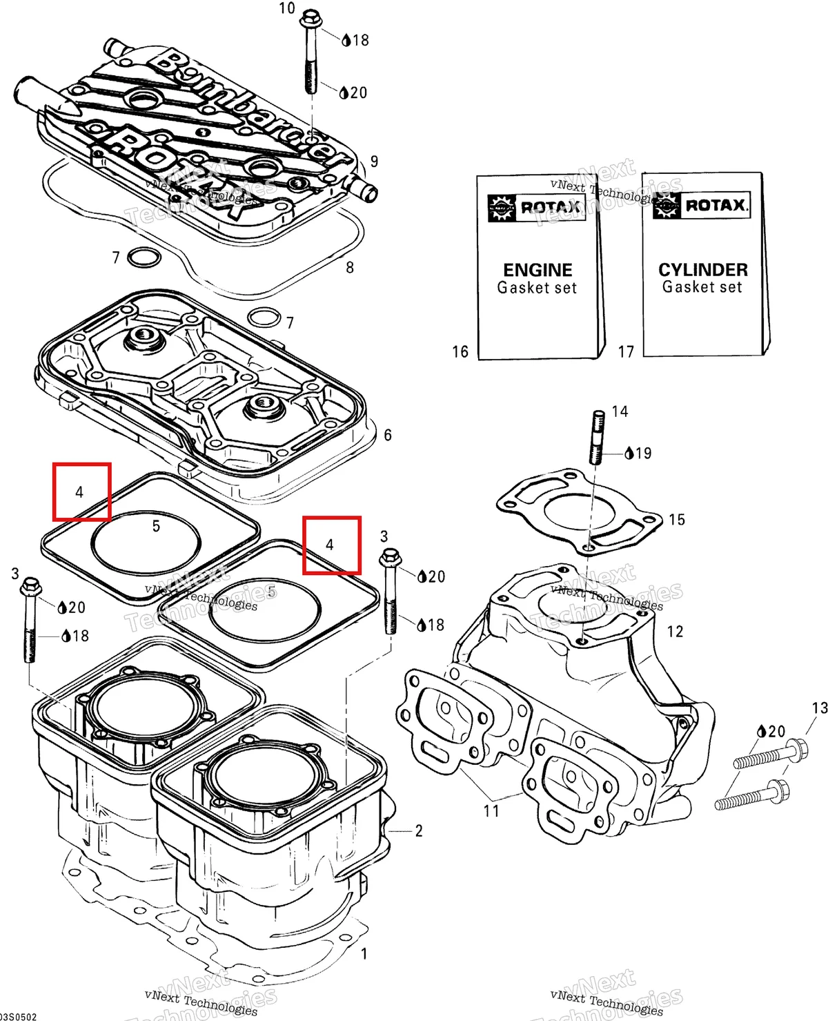 Деталь 420850045 на схеме узла 2005 Sea-Doo GTI Cylinder And Exhaust Manifold