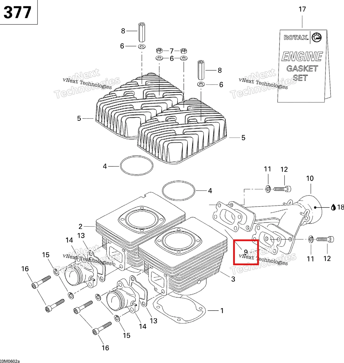 Деталь 420850114 (Прокладка 1.0 мм) на схеме узла 2006 Ski-Doo GSX 380F Cylinder And Exhaust Manifold Gsx 377