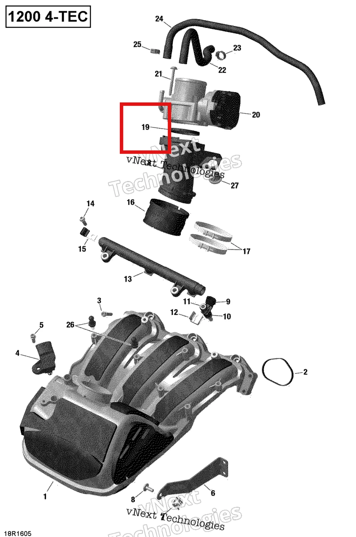 Деталь 420850130 на схеме узла 2019 Ski-Doo EXPEDITION LE-SE 1200 4-TEC Air Intake Manifold And Throttle Body - 1200Itc 4-Tec
