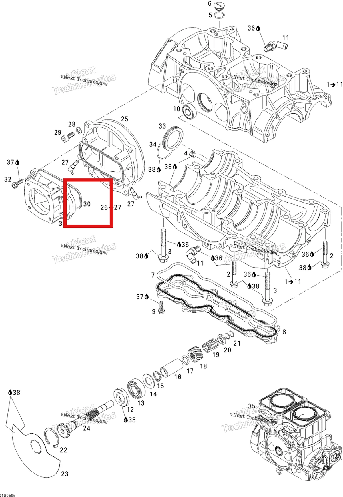 Деталь 420850520 на схеме узла 2005 Sea-Doo 3D RFI Crankcase And Rotary Valve