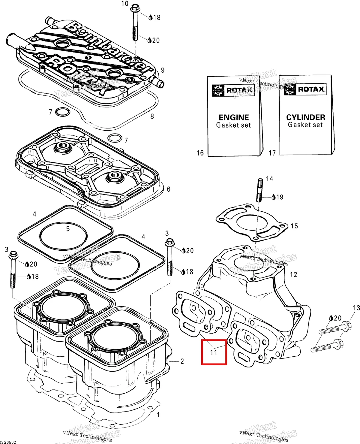 Деталь 420850638 на схеме узла 2005 Sea-Doo GTI Cylinder And Exhaust Manifold