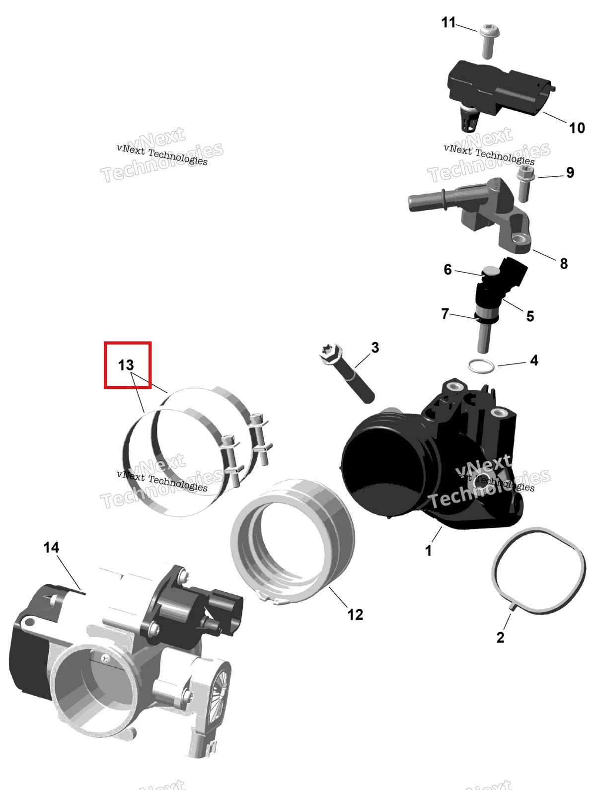 Деталь 420851086 (Хомут 63 Can-Am Outlander 4x4 DPS 700 (2025) (420851086)) на схеме узла 2026 Can-Am OUTLANDER - 2X4 - STD - 500 - 1KTB - Legion Red Rotax - Air Intake Manifold And Throttle Body