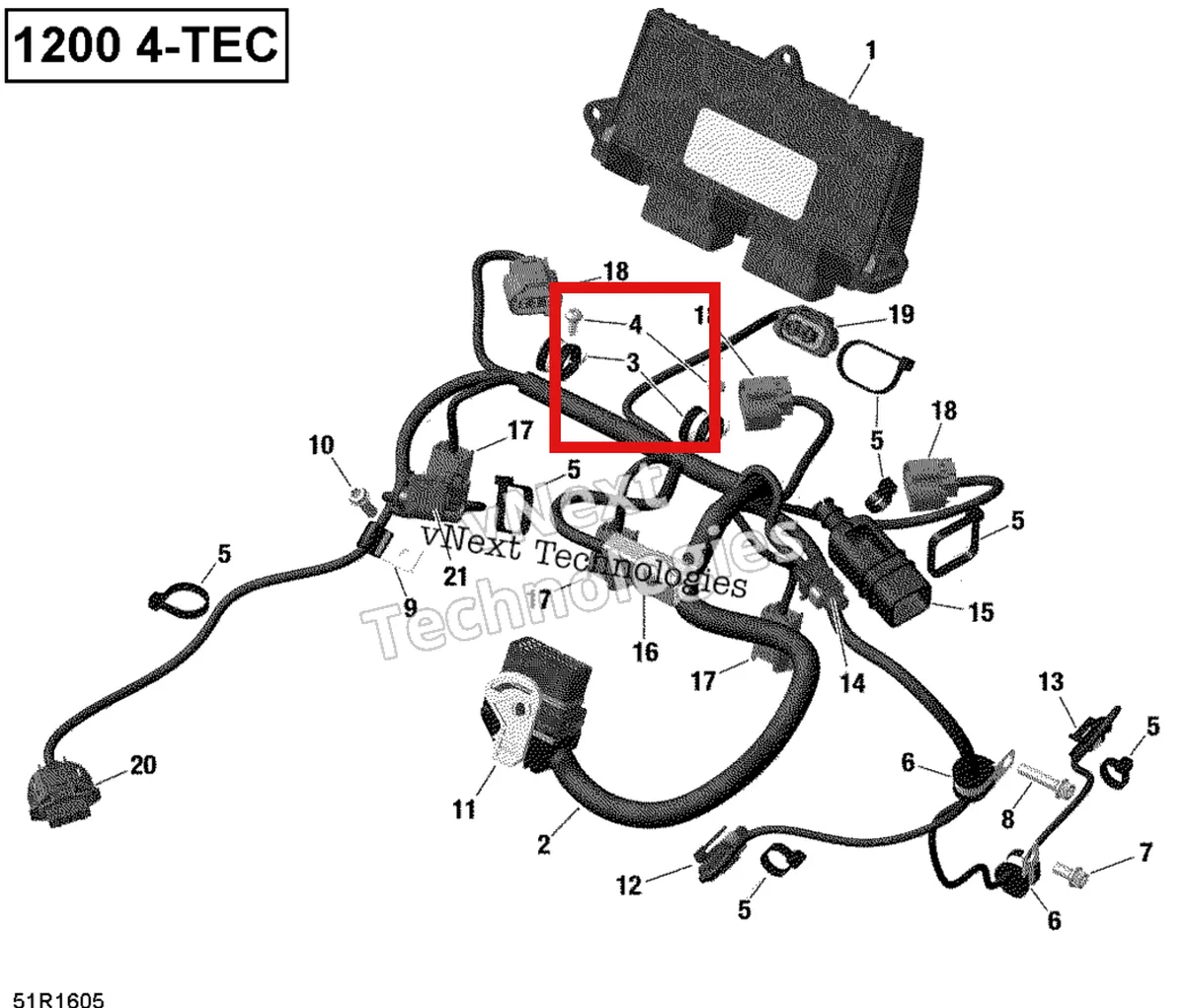 Деталь 420851108 (Кабельный Зажим) на схеме узла 2019 Ski-Doo EXPEDITION LE-SE 1200 4-TEC Engine Harness And Electronic Module - 1200Itc 4-Tec
