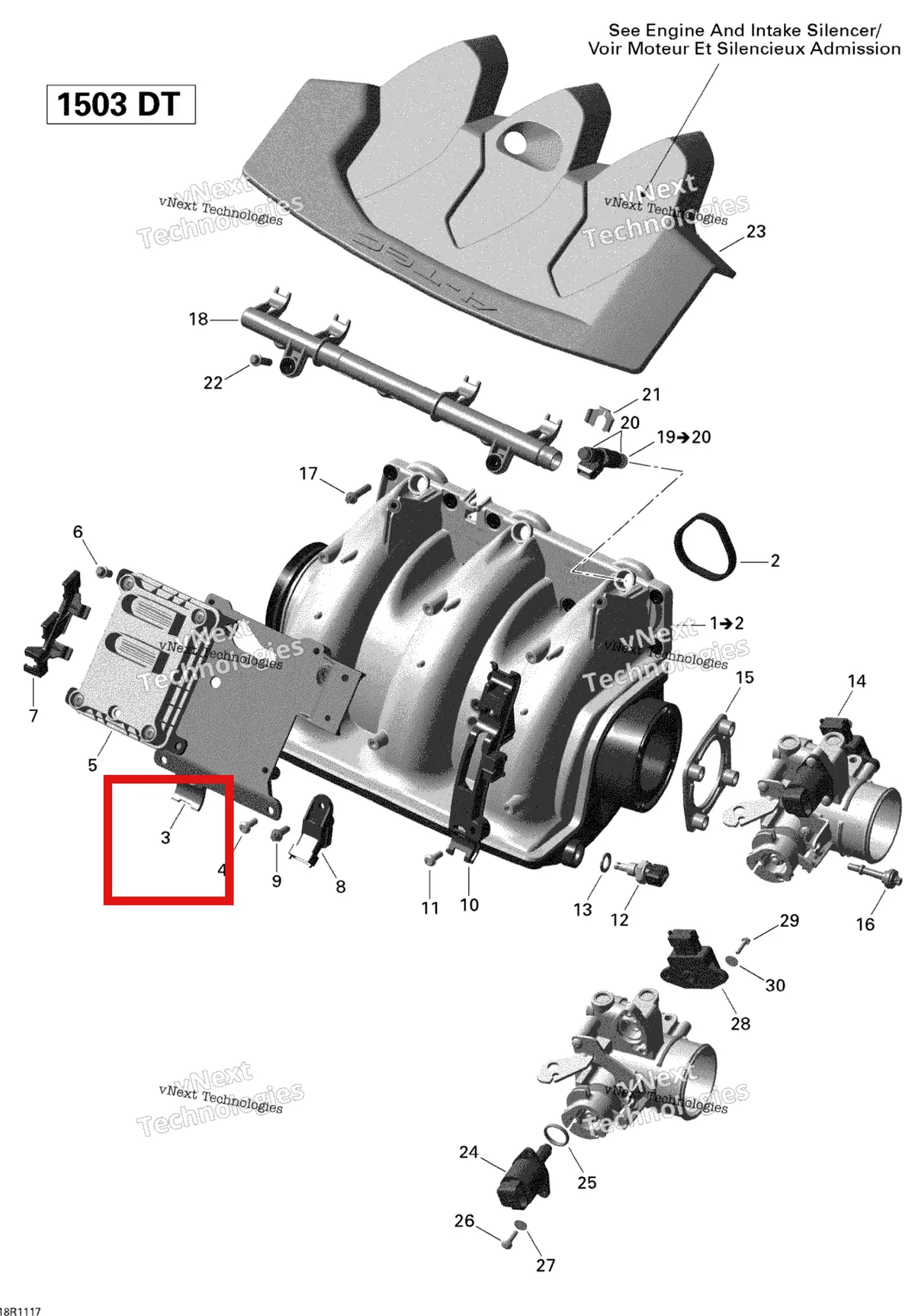 Деталь 420851521 на схеме узла 2011 Sea-Doo GTS Pro 130 Air Intake Manifold And Throttle Body