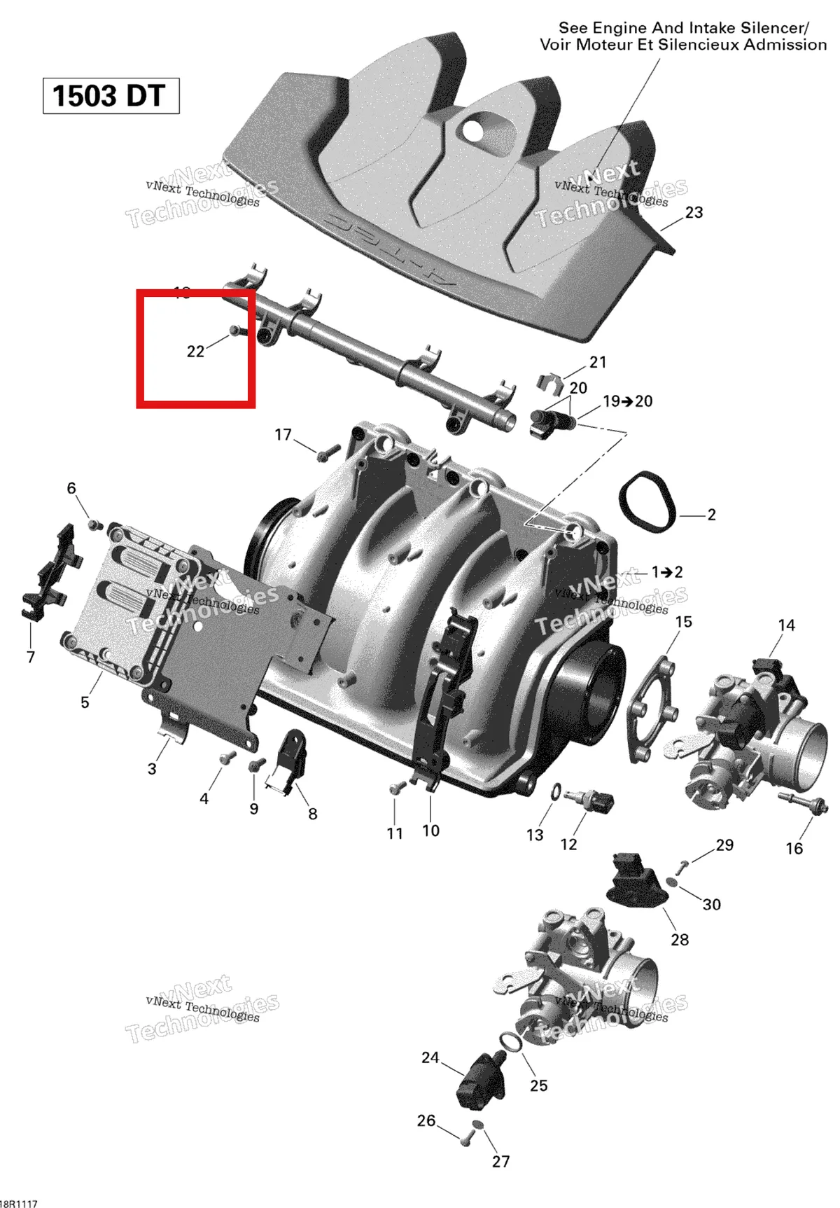Деталь 420851531 на схеме узла 2011 Sea-Doo GTS Pro 130 Air Intake Manifold And Throttle Body