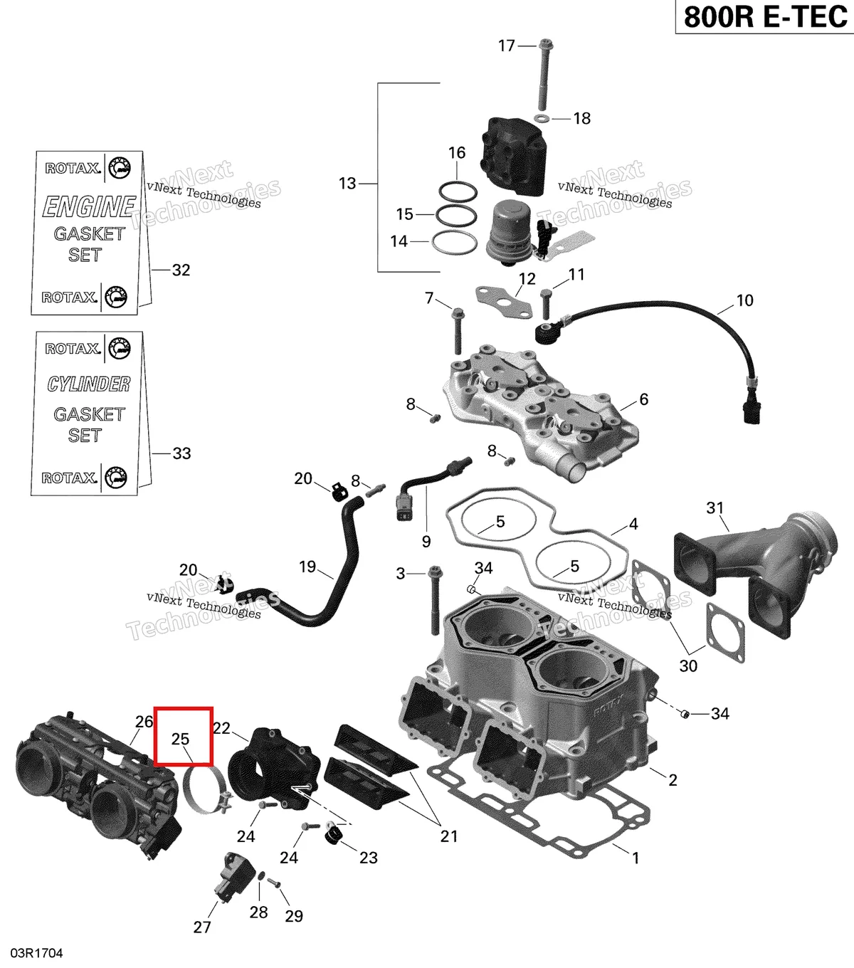 Деталь 420851815 (Зажим) на схеме узла 2019 Ski-Doo EXPEDITION XTREME 800R E-TEC Cylinder And Injection System - 800R E-Tec