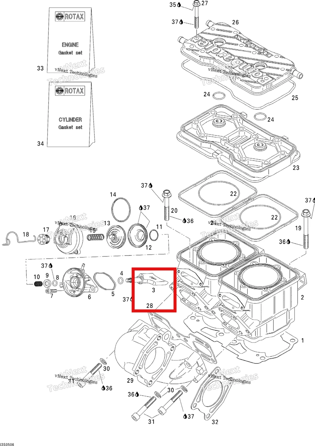 Деталь 420854354 на схеме узла 2005 Sea-Doo 3D RFI Cylinder And Exhaust Manifold