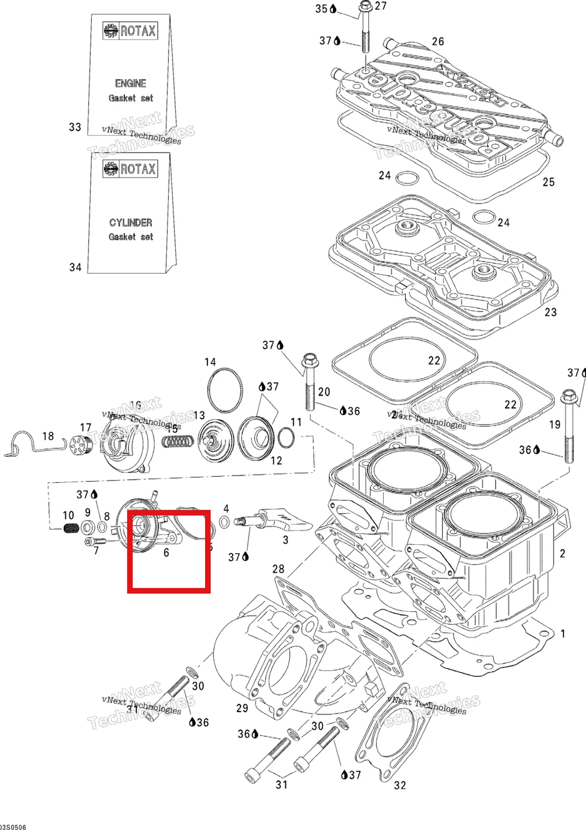 Деталь 420854436 на схеме узла 2005 Sea-Doo 3D RFI Cylinder And Exhaust Manifold