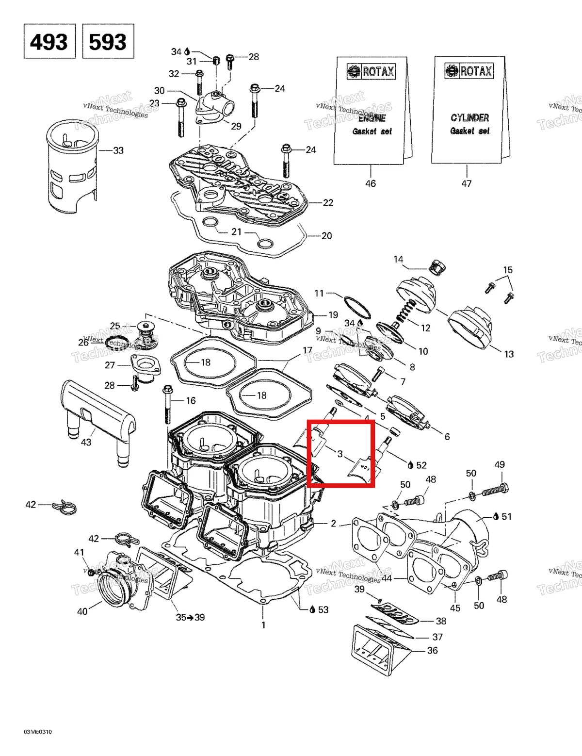 Деталь 420854490 (Клапан выпускной) на схеме узла 2003 Ski-Doo Grand Touring 500/600/700 Cylinder, Exhaust Manifold, Reed Valve (493