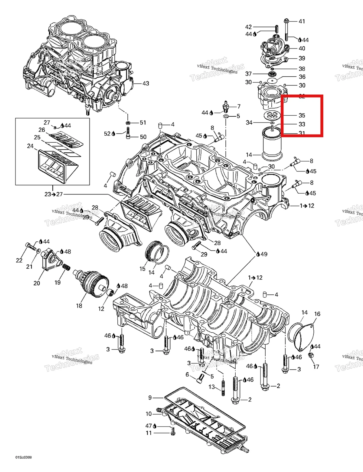 Деталь 420854500 на схеме узла 2003 Sea-Doo RX DI, 6122/6123 Crankcase, Reed Valve