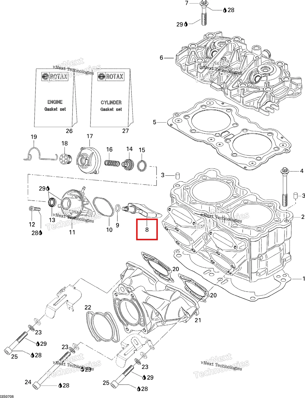 Деталь 420854540 на схеме узла 2007 Sea-Doo 3D 947 DI Cylinder And Exhaust Manifold