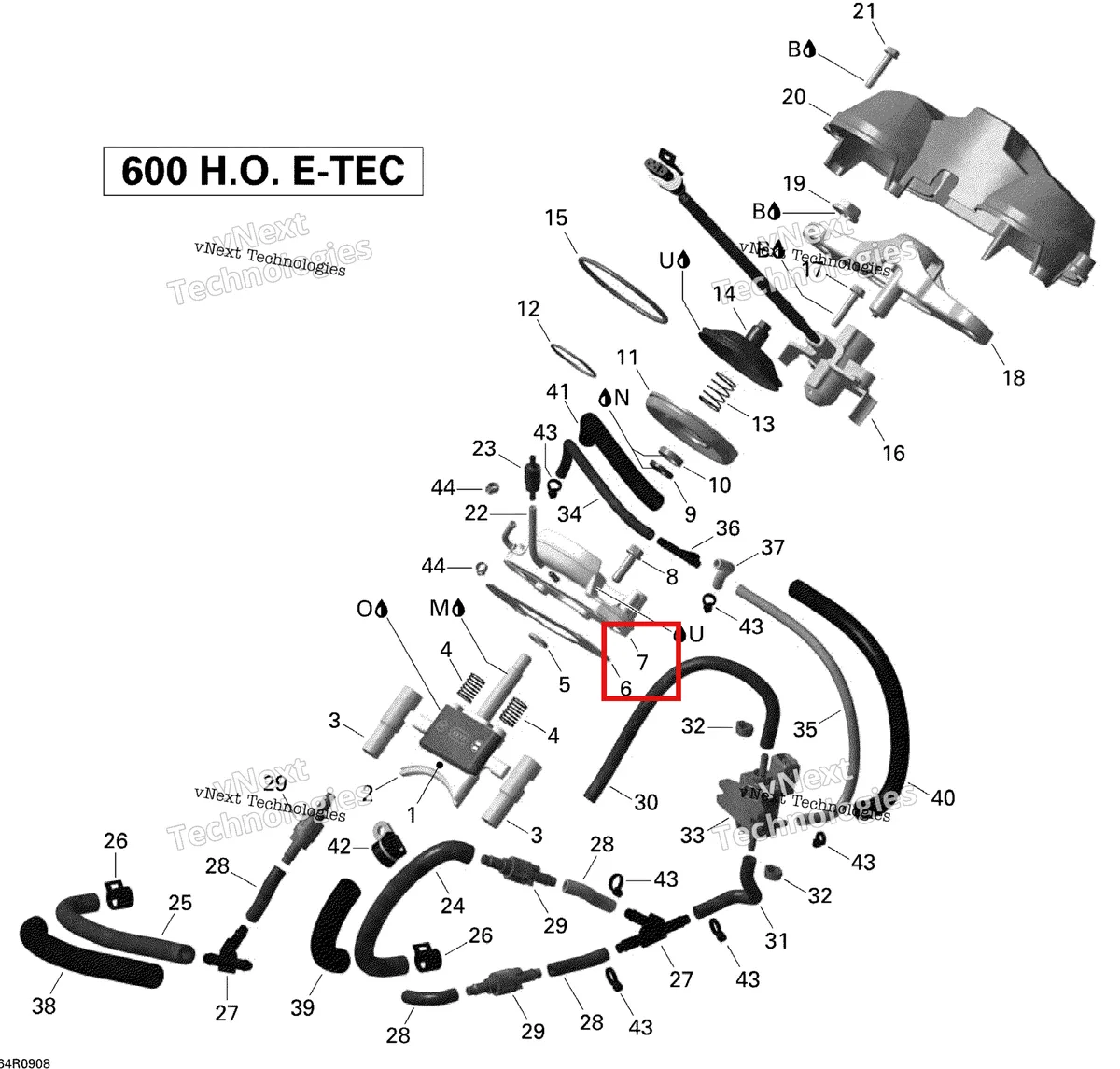 Деталь 420854889 (Деталь Valve Rod Housing Assy) на схеме узла 2009 Ski-Doo GSX Limited 600 H.O. E-TEC 3D Rave