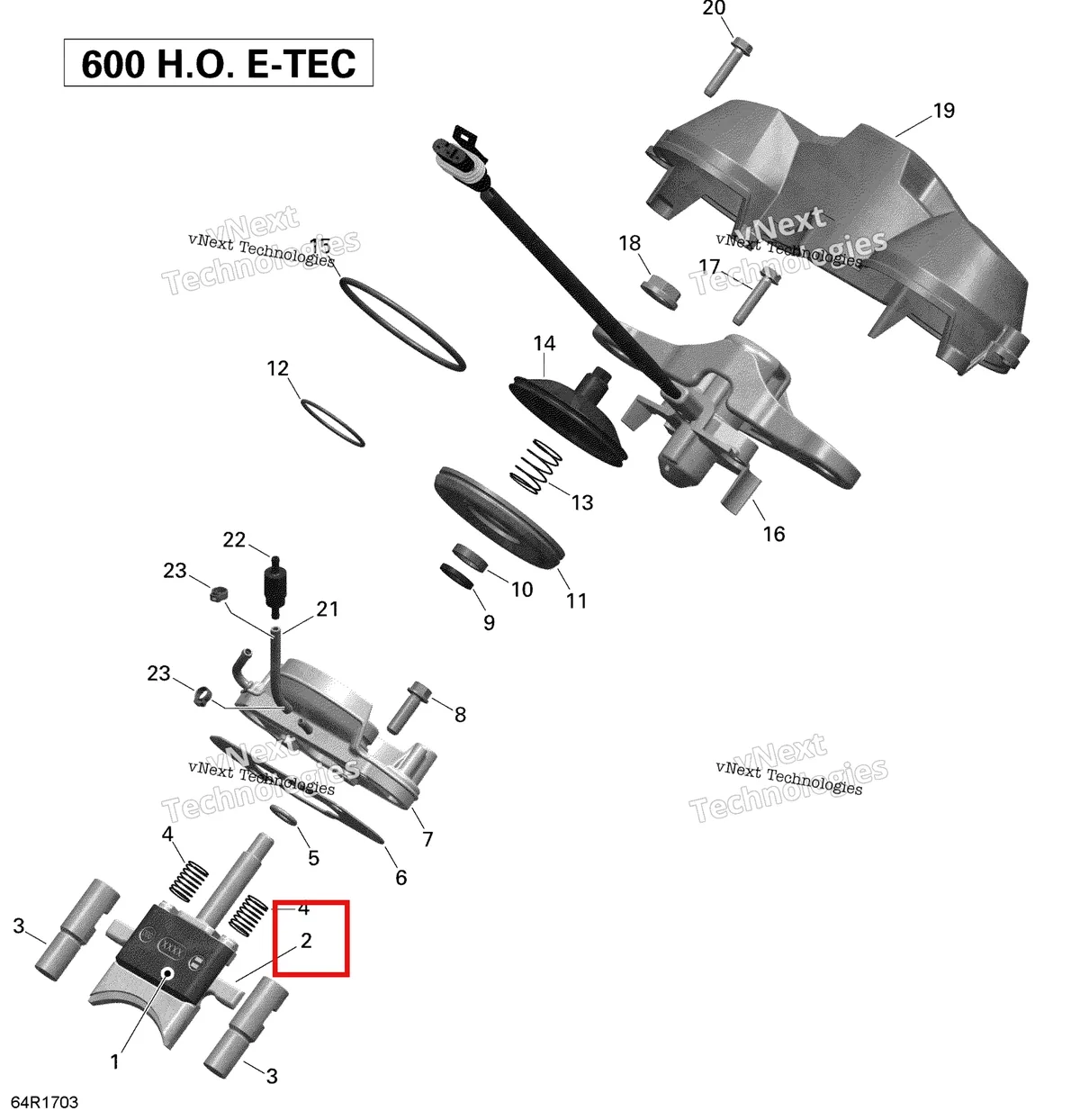 Деталь 420854974 (Нижний Выпускной Клапан) на схеме узла 2020 Ski-Doo SKANDIC WT 600HO E-TEC Engine - 3D Rave - 600Ho E-Tec