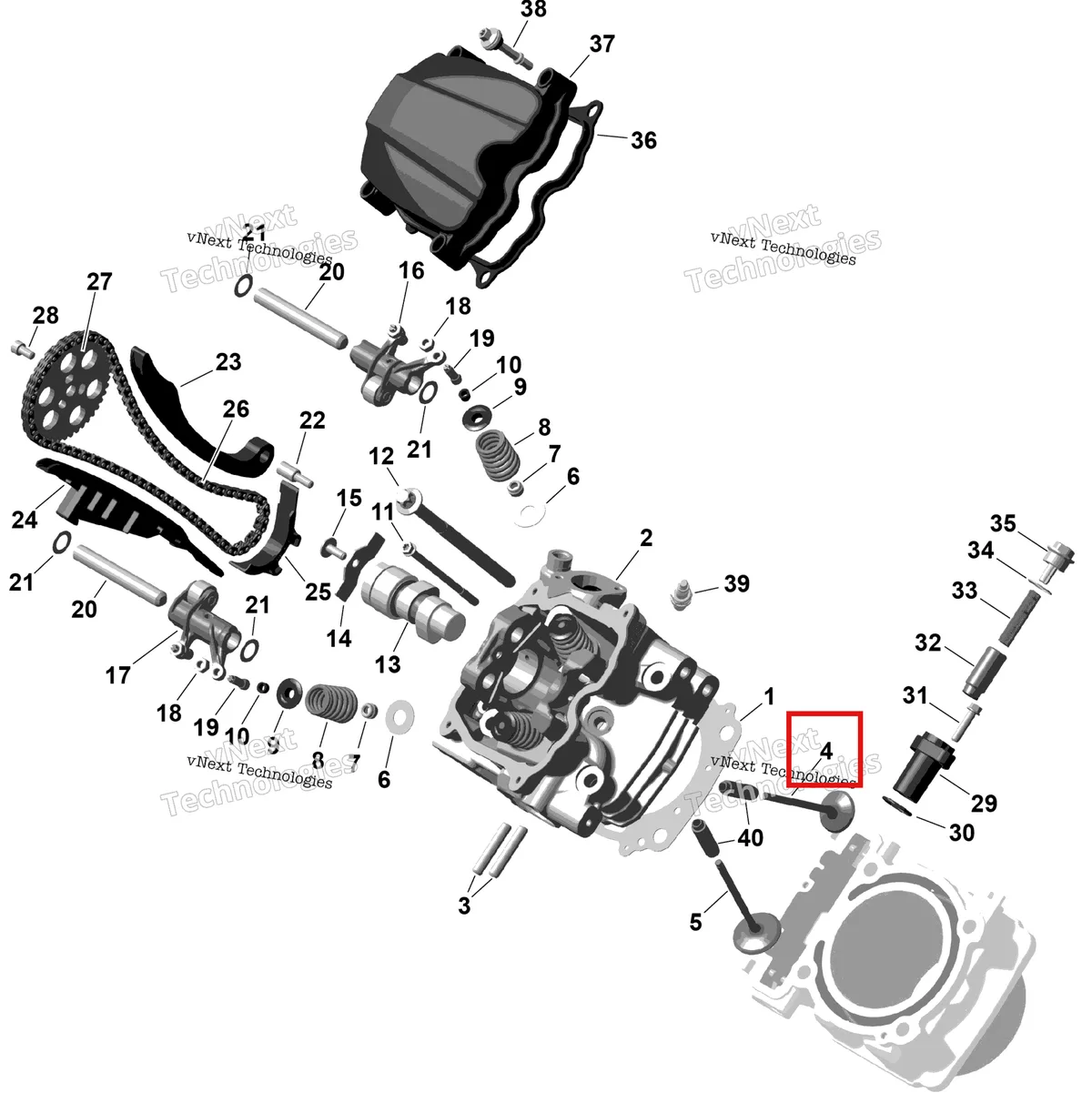 Деталь 420855029 на схеме узла 2026 Can-Am RENEGADE - 4X4 - XMR - 1000R EFI - 5UTA - Hyper Silver Rotax - Front Cylinder Head