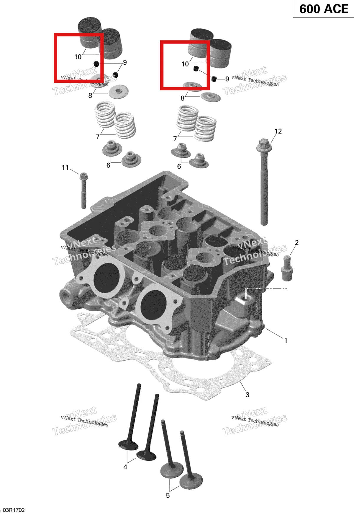 Деталь 420855164 (Толкатель Клапана) на схеме узла 2019 Ski-Doo SKANDIC WT 600 ACE Cylinder Head - 600 Ace