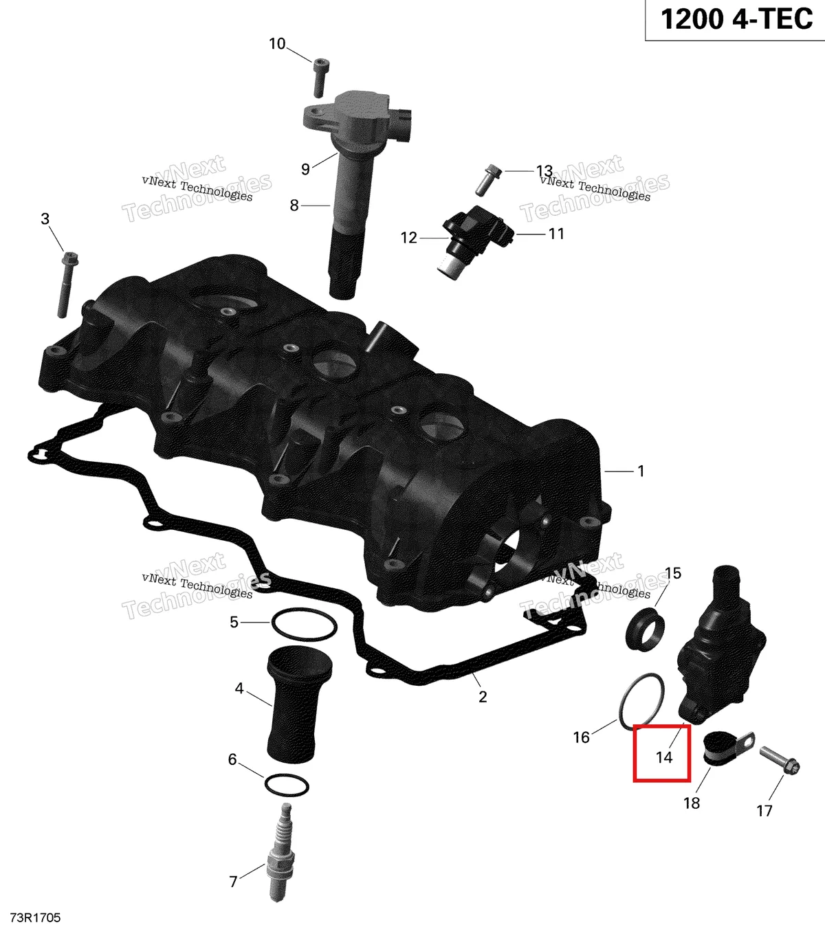 Деталь 420856506 (Деталь Vent Valve Assy. Includes 14 To 16) на схеме узла 2019 Ski-Doo EXPEDITION LE-SE 1200 4-TEC Valve Cover - 1200Itc 4-Tec