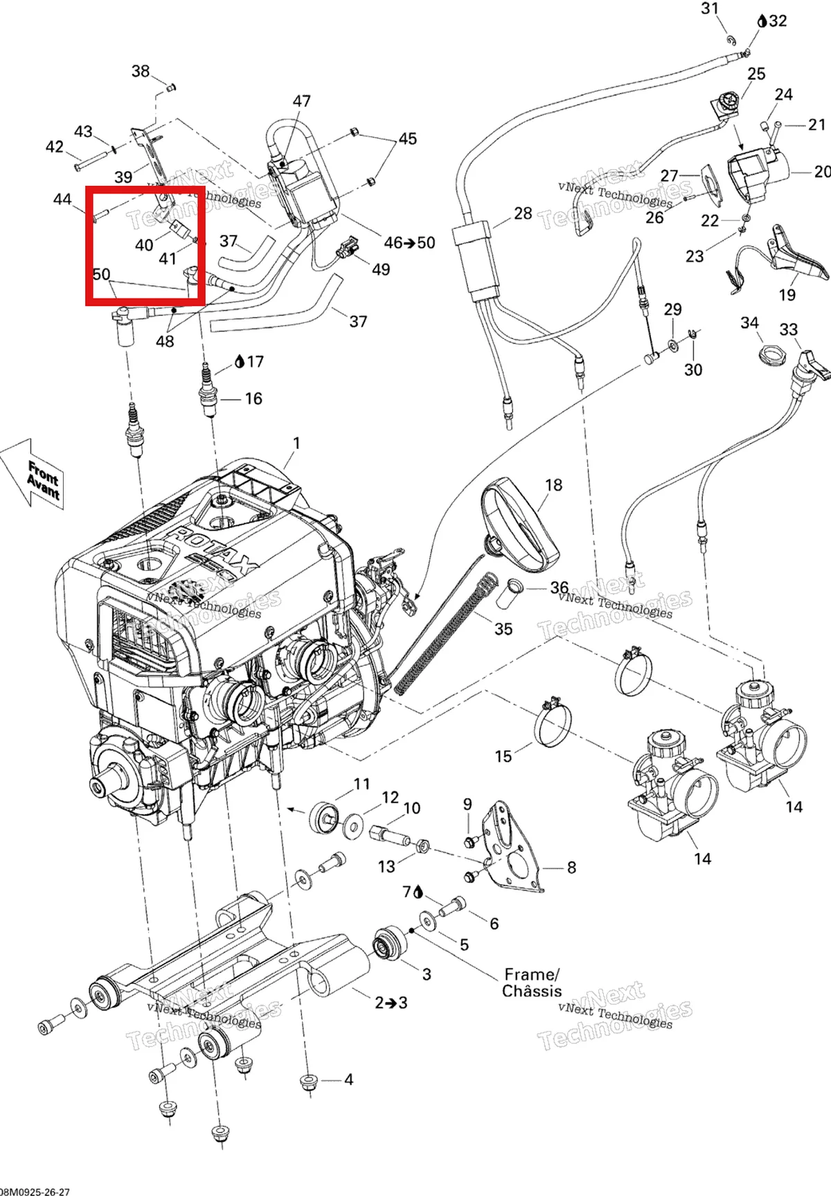 Деталь 420860945 (Зажим) на схеме узла 2009 Ski-Doo Skandic Tundra LT 550F Engine And Engine Support