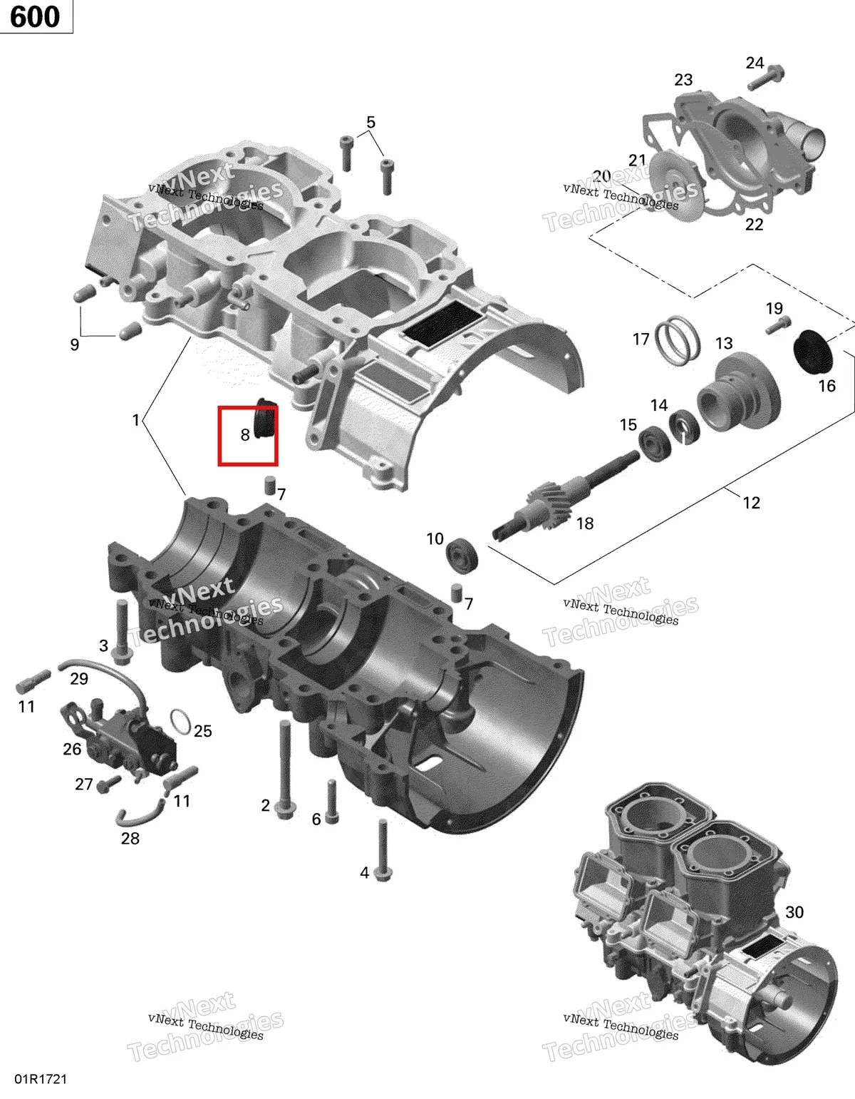Деталь 420860965 (уплотнетель кабеля) на схеме узла 2020 Ski-Doo MXZ 600 CARB Engine - Crankcase, Water Pump And Oil Pump - 600 Carb
