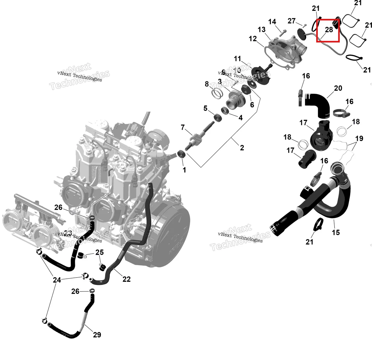 Деталь 420864400 на схеме узла 2025 Ski-Doo BACKCOUNTRY - 850 E-TEC - X - UXSD - Monument Gray - 146X16X2.0P Track Rotax - Engine Cooling