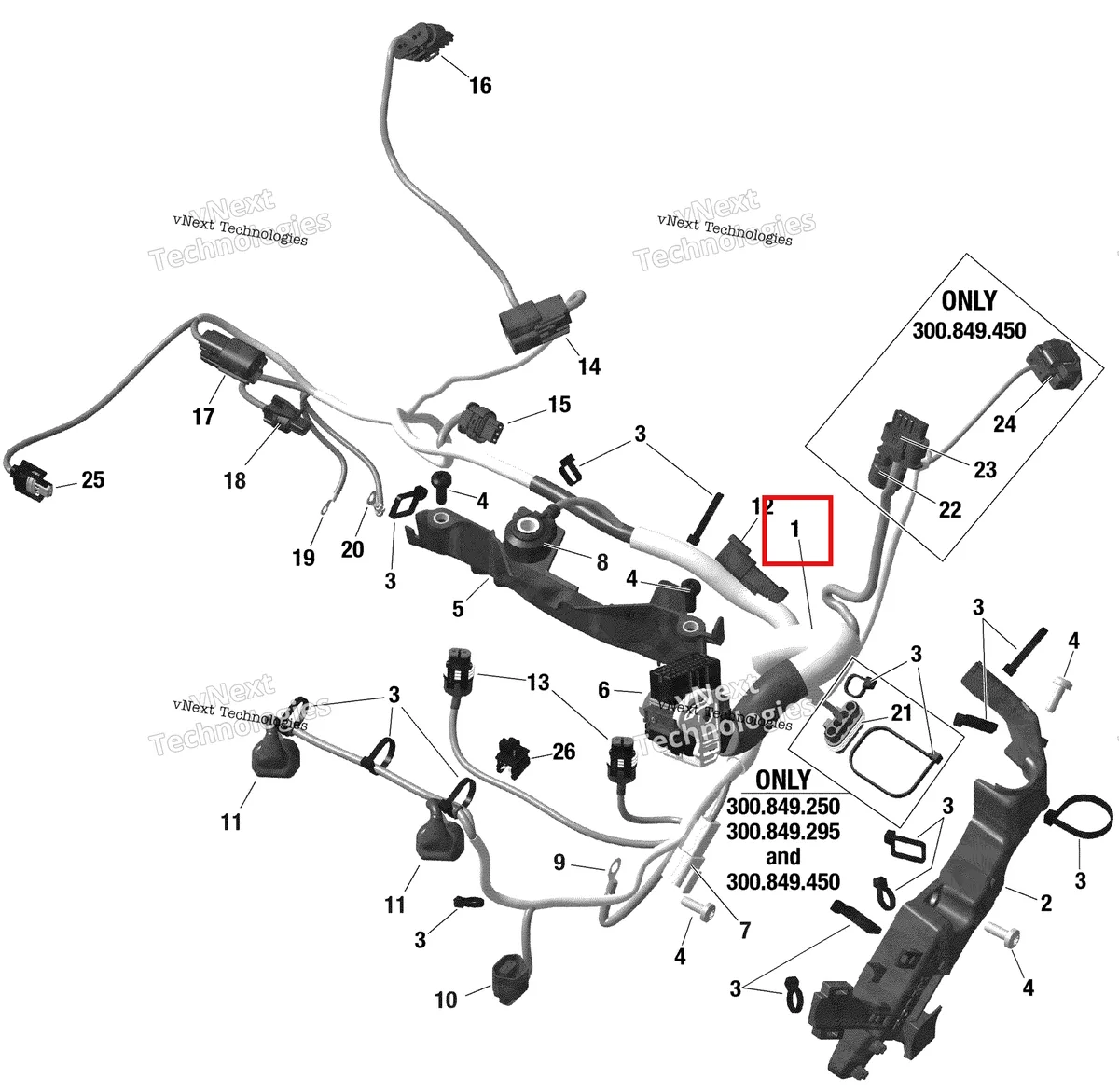 Деталь 420864446 на схеме узла 2020 Ski-Doo SUMMIT 850 E-TEC Turbo Electric - Engine Harness - 849