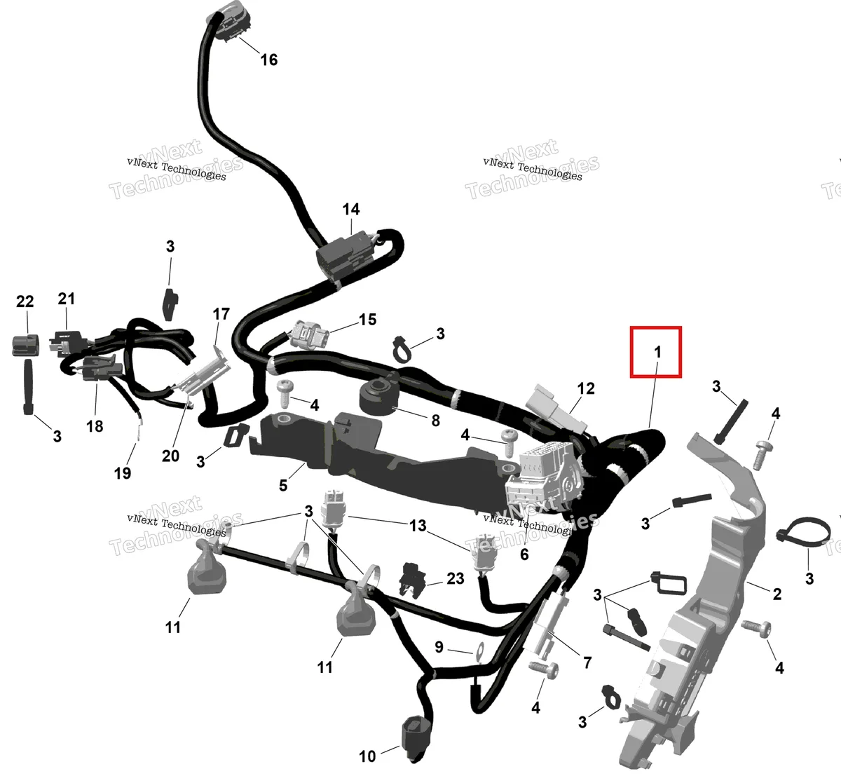 Деталь 420864554 на схеме узла 2026 Ski-Doo BACKCOUNTRY - Adrenaline - 850 E-TEC - UGTA - Deep Black - 16X146X2.0P Track Rotax - Engine Harness And Electronic Module